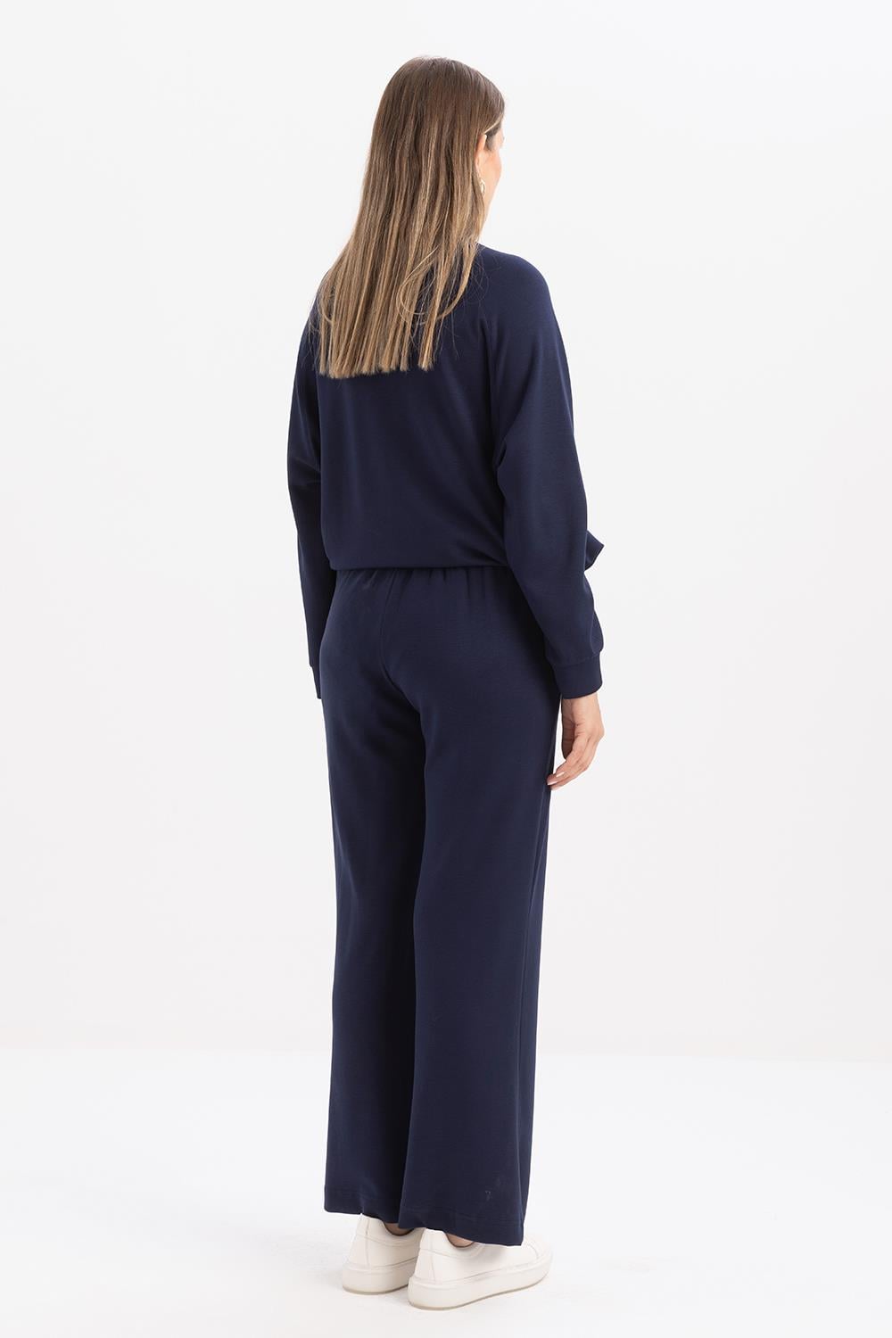 Navy Blue-Wide Leg Slit Stretch Knit Trousers