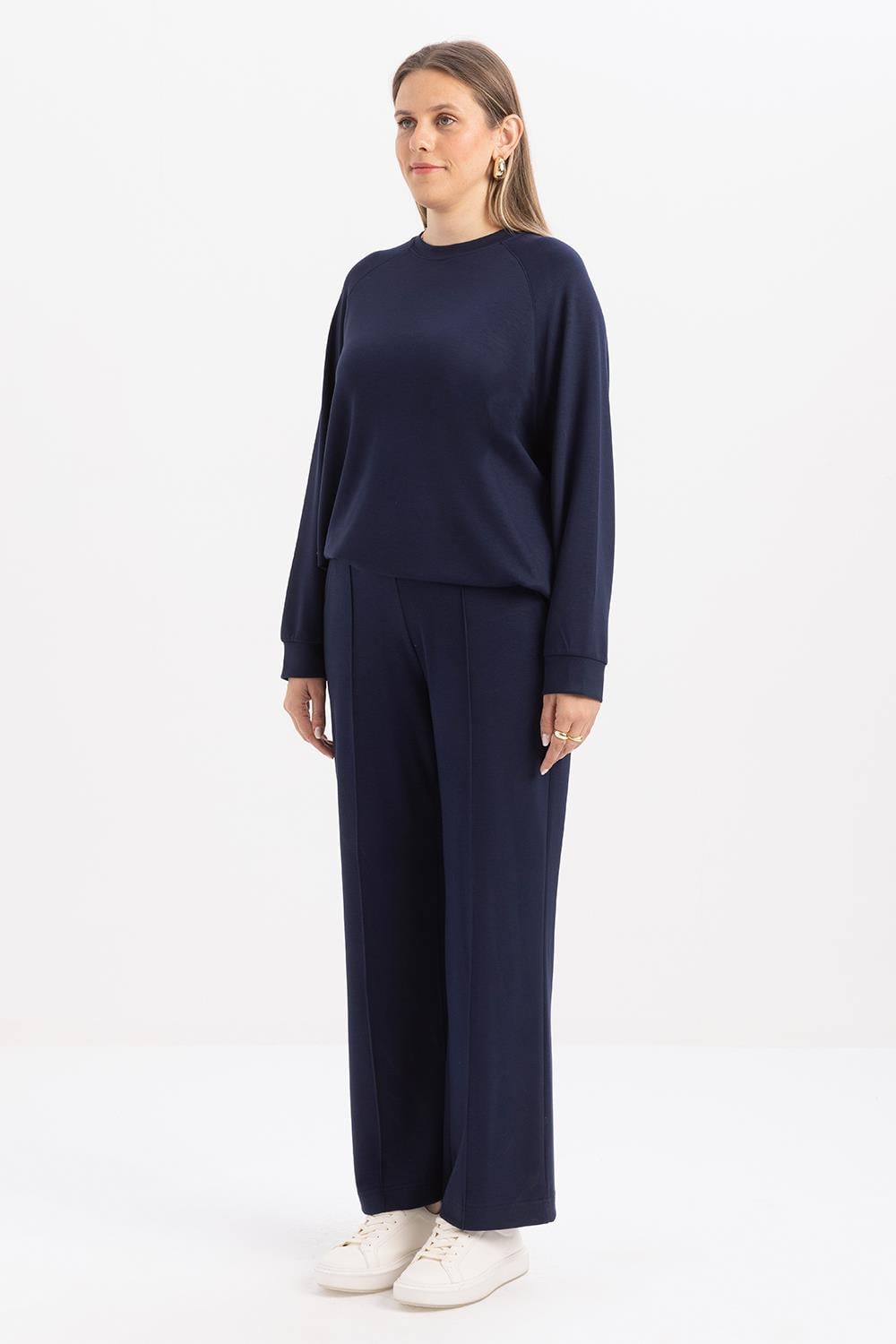 Navy Blue-Wide Leg Slit Stretch Knit Trousers