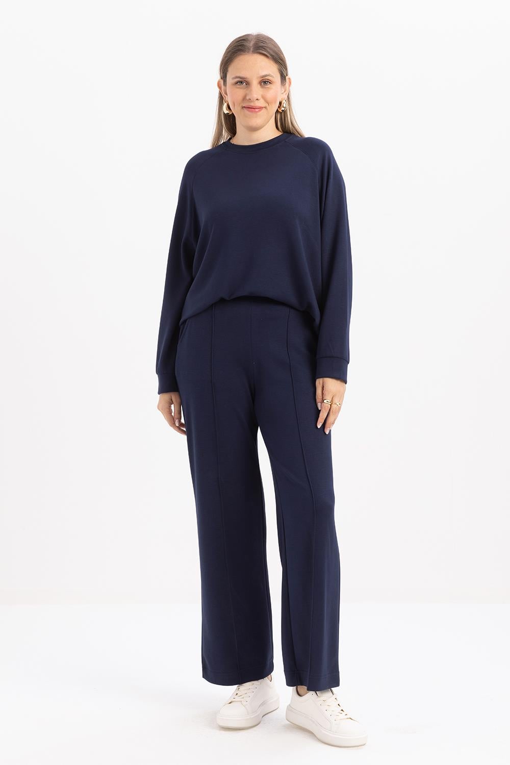 Navy Blue-Wide Leg Slit Stretch Knit Trousers
