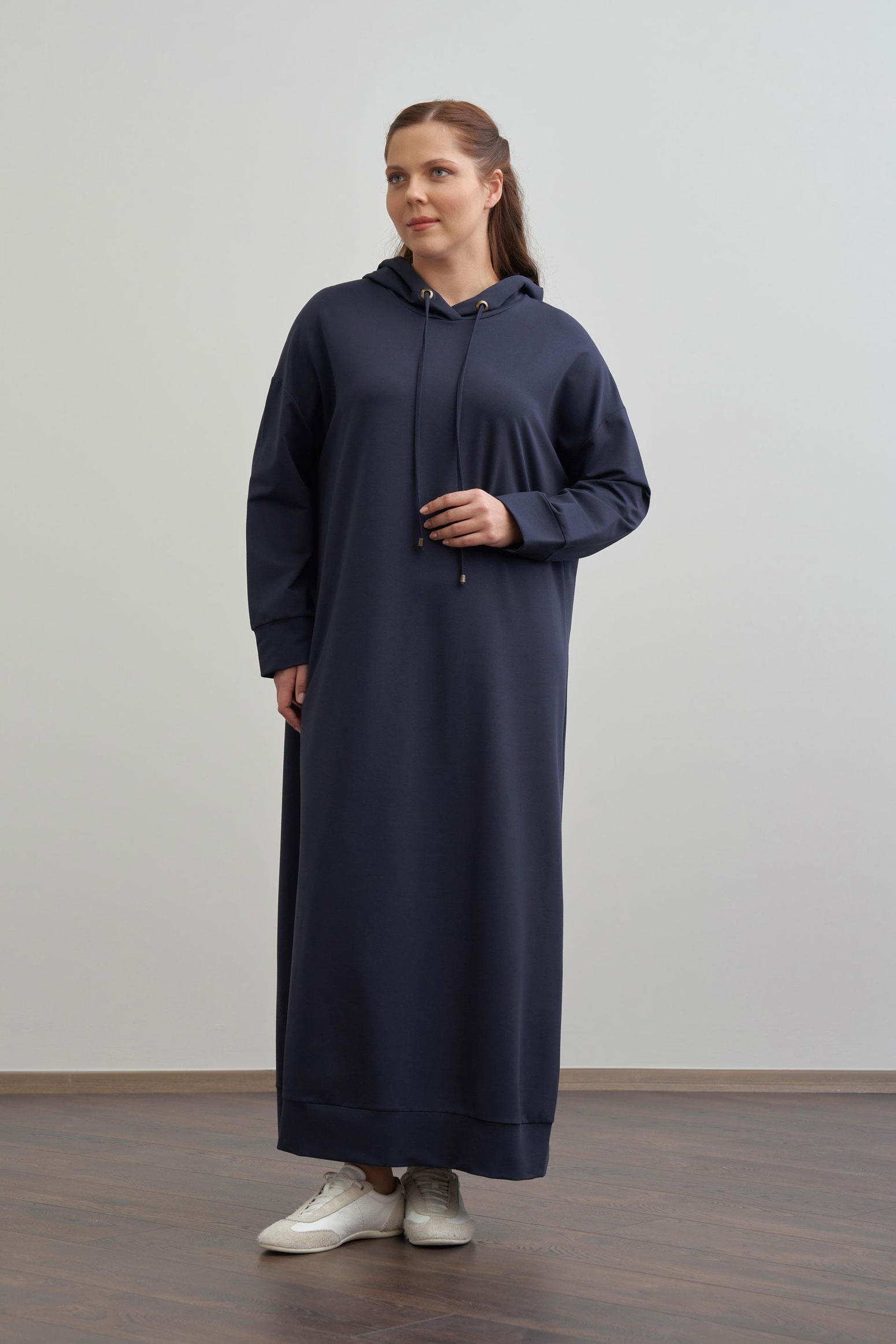 Navy - Plus Size Hooded Stretch Basic Dress
