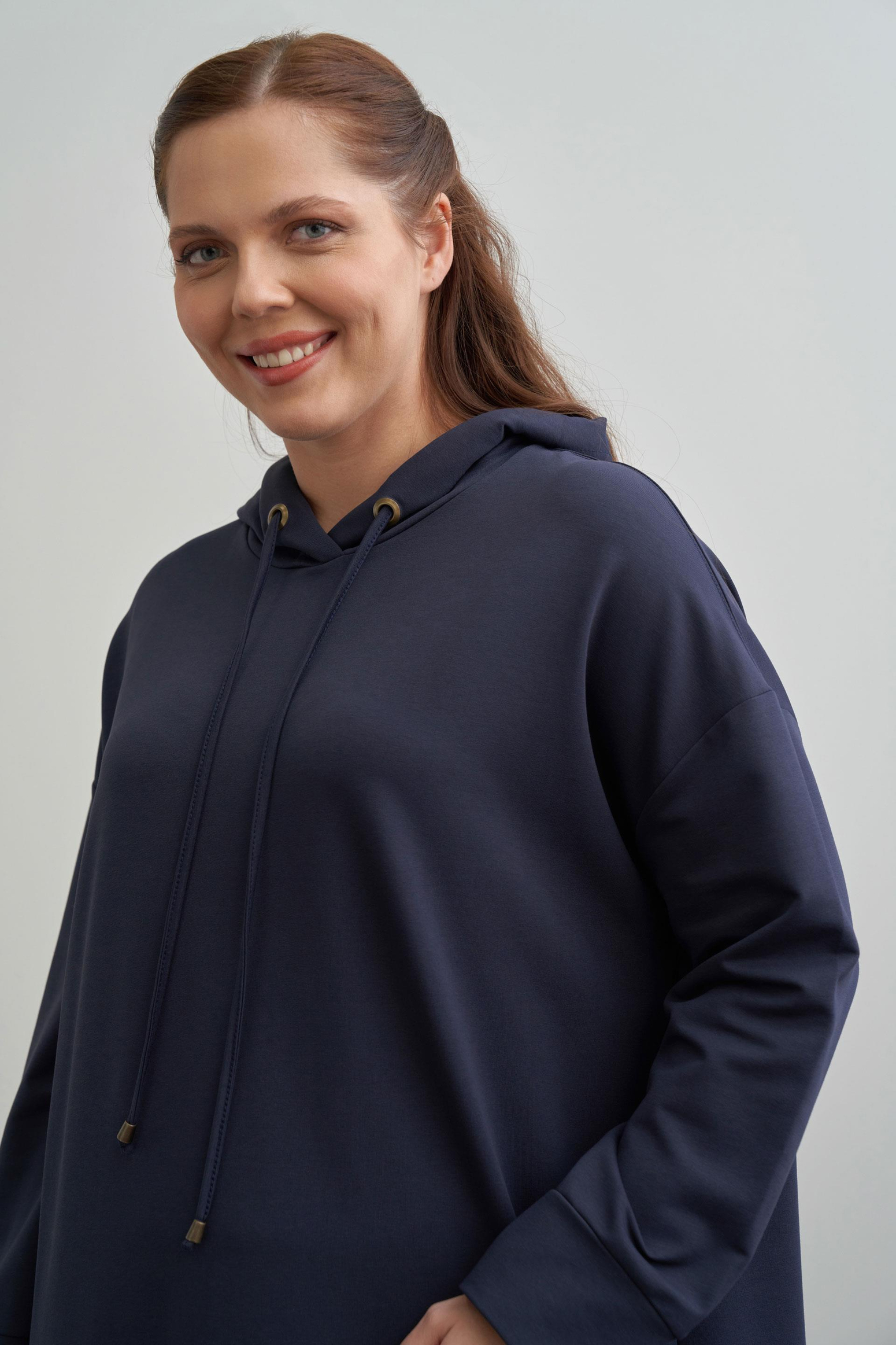 Navy - Plus Size Hooded Stretch Basic Dress