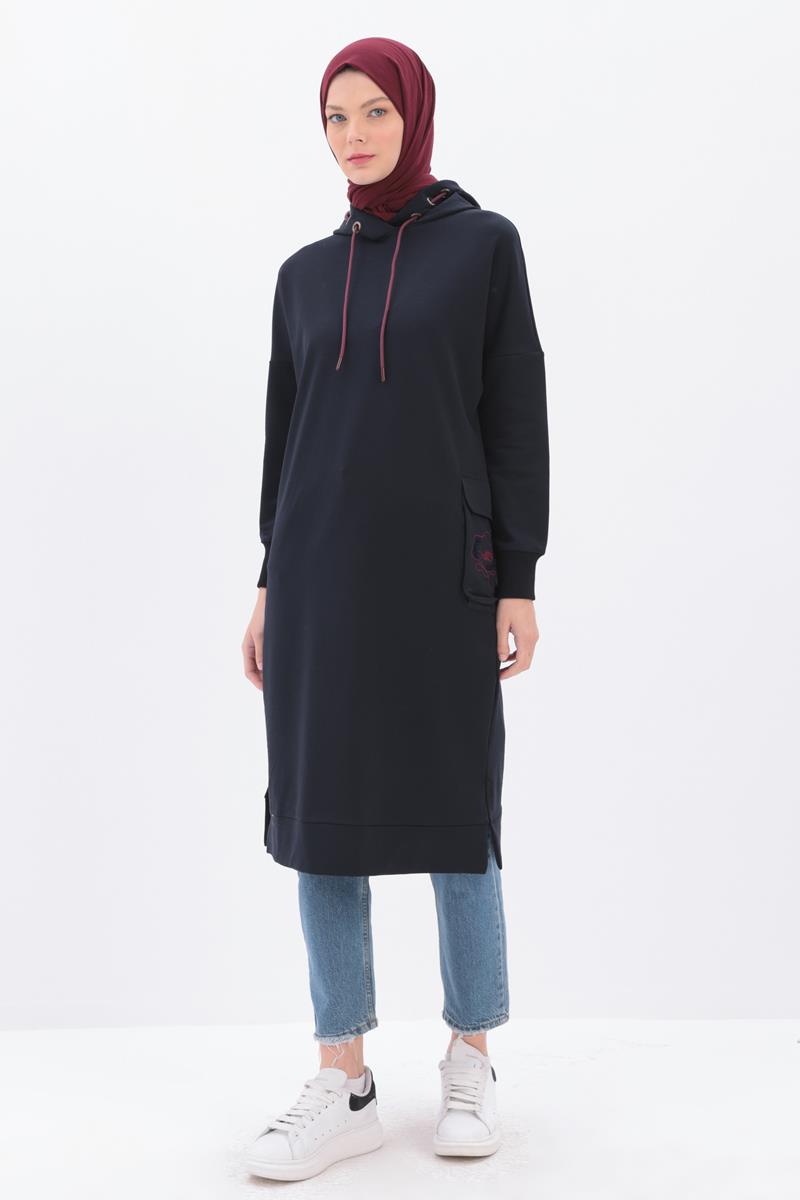 Lacivert-CEBİ NAKIŞLI KAPŞONLU SWEAT TUNİK