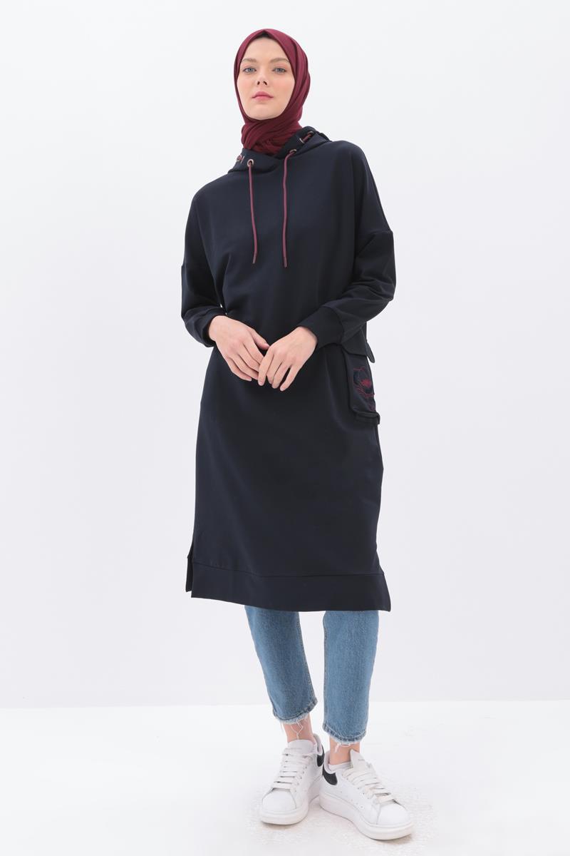 Lacivert-CEBİ NAKIŞLI KAPŞONLU SWEAT TUNİK