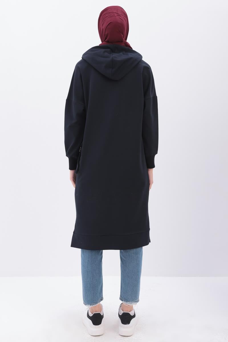 Lacivert-CEBİ NAKIŞLI KAPŞONLU SWEAT TUNİK