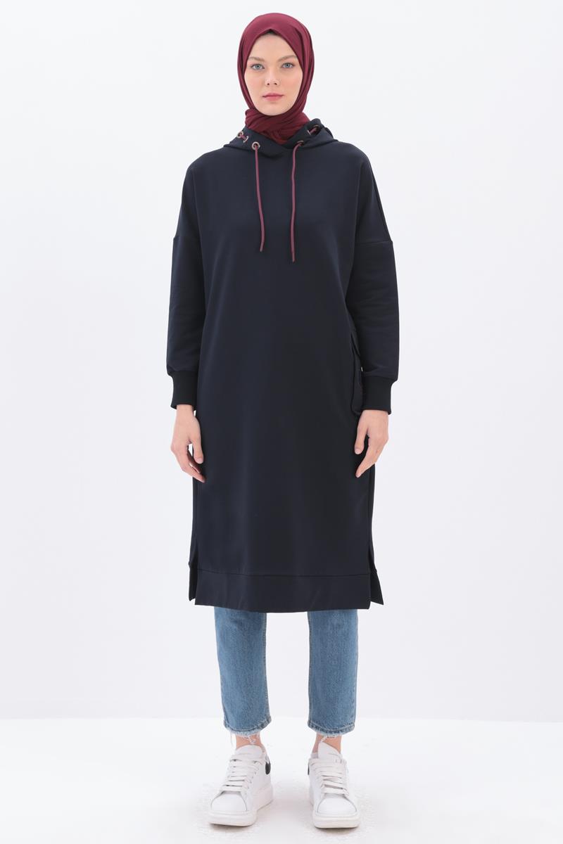 Lacivert-CEBİ NAKIŞLI KAPŞONLU SWEAT TUNİK