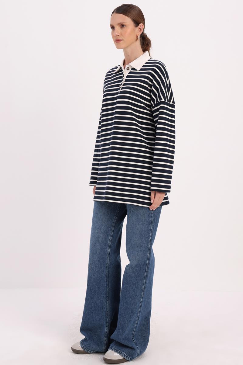 Lacivert-Ekru-Pamuklu Şardonlu Çizgili Sweatshirt