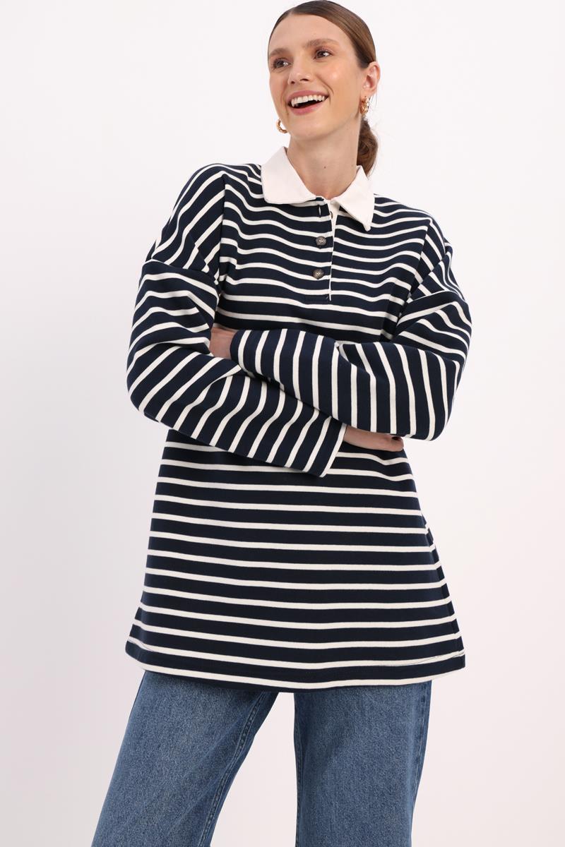 Lacivert-Ekru-Pamuklu Şardonlu Çizgili Sweatshirt