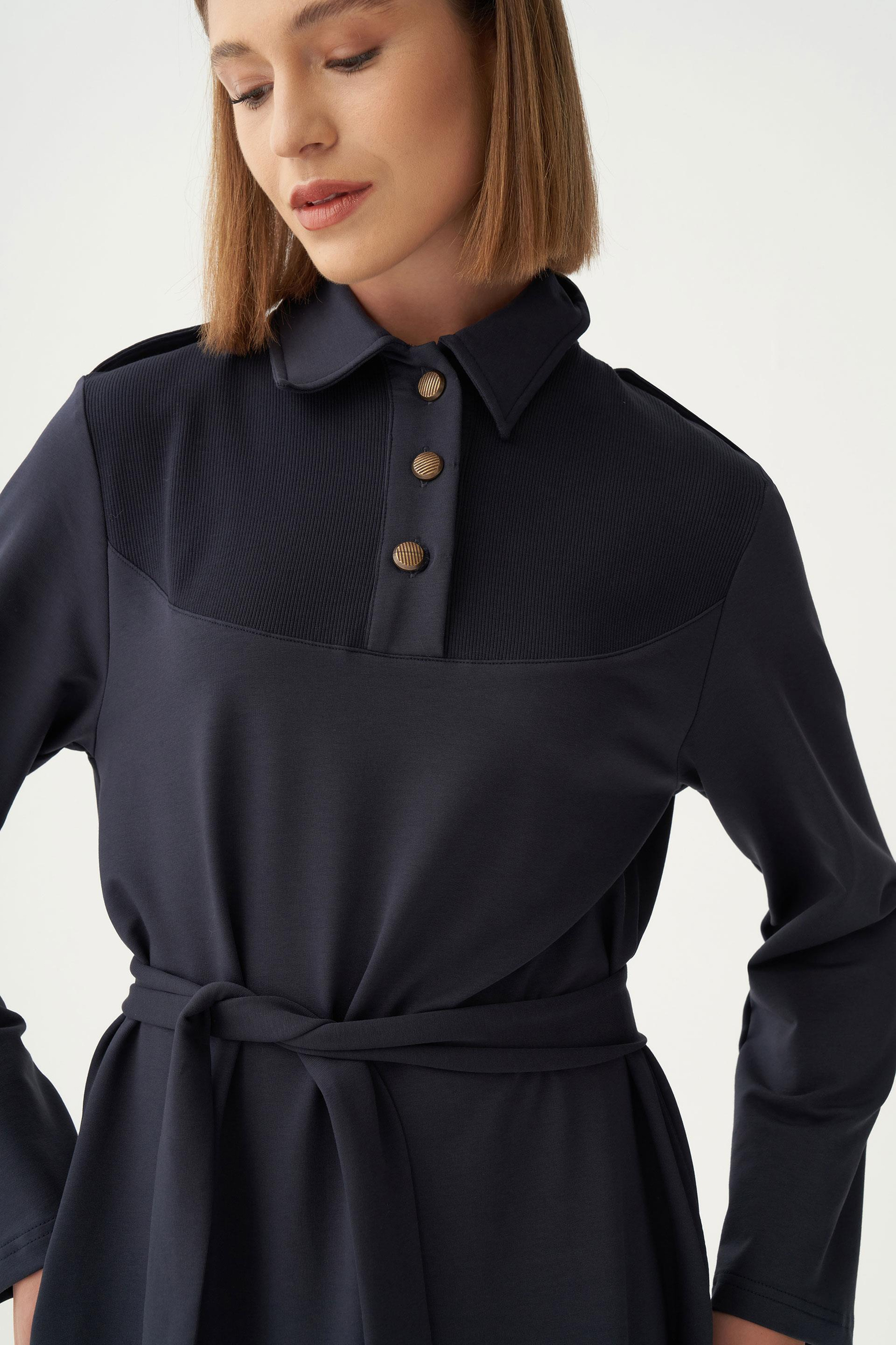 Lacivert-Gömlek Yaka Apoletli  Elbise