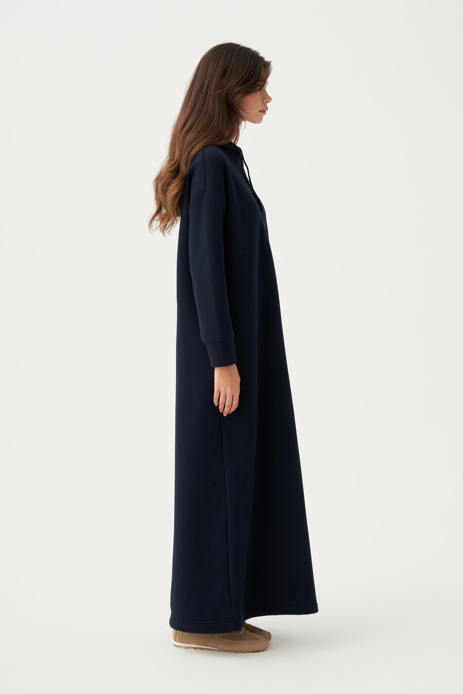 Lacivert-Kapüşonlu Basic Elbise