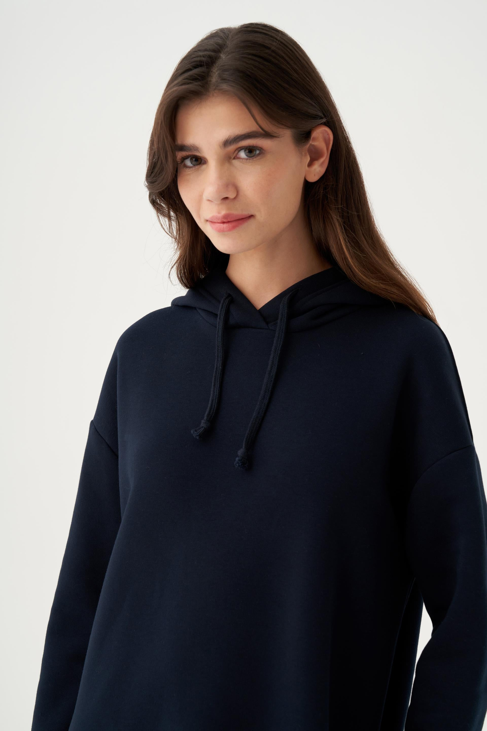 Lacivert-Kapüşonlu Basic Elbise