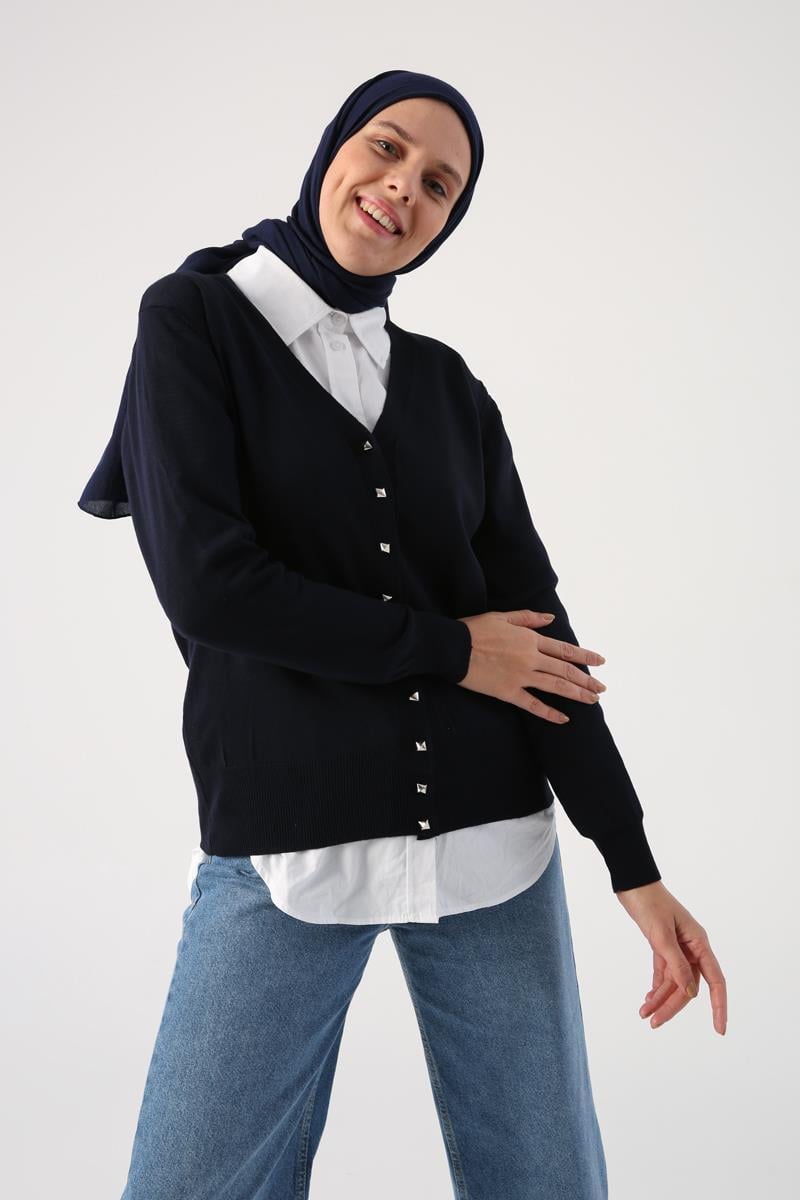 Cardigan en tricot bleu marine-court