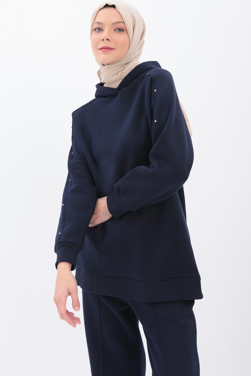 Lacivert-KOLLARI TAŞLI KAPÜŞONLU SWEAT TUNİK