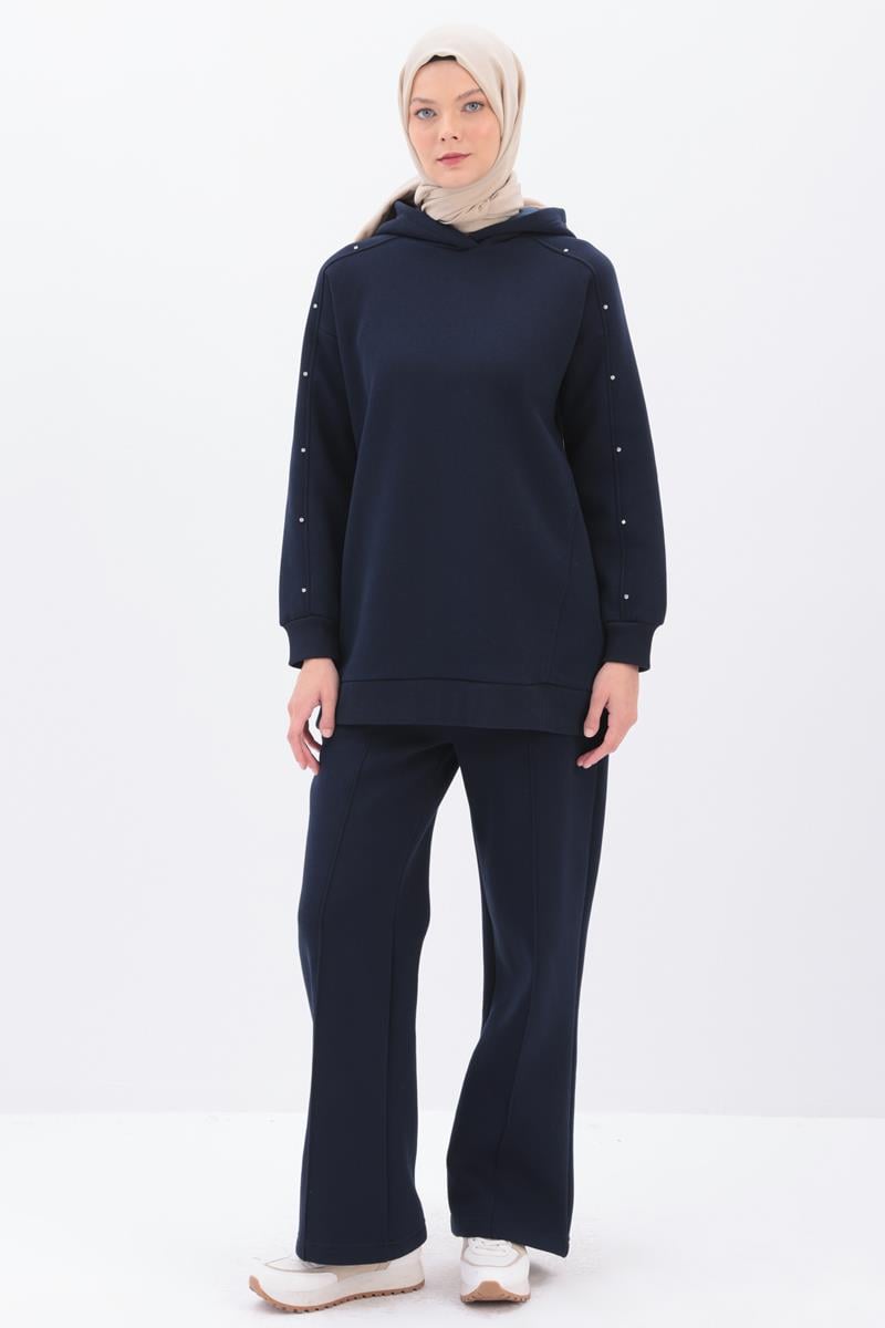 Lacivert-KOLLARI TAŞLI KAPÜŞONLU SWEAT TUNİK