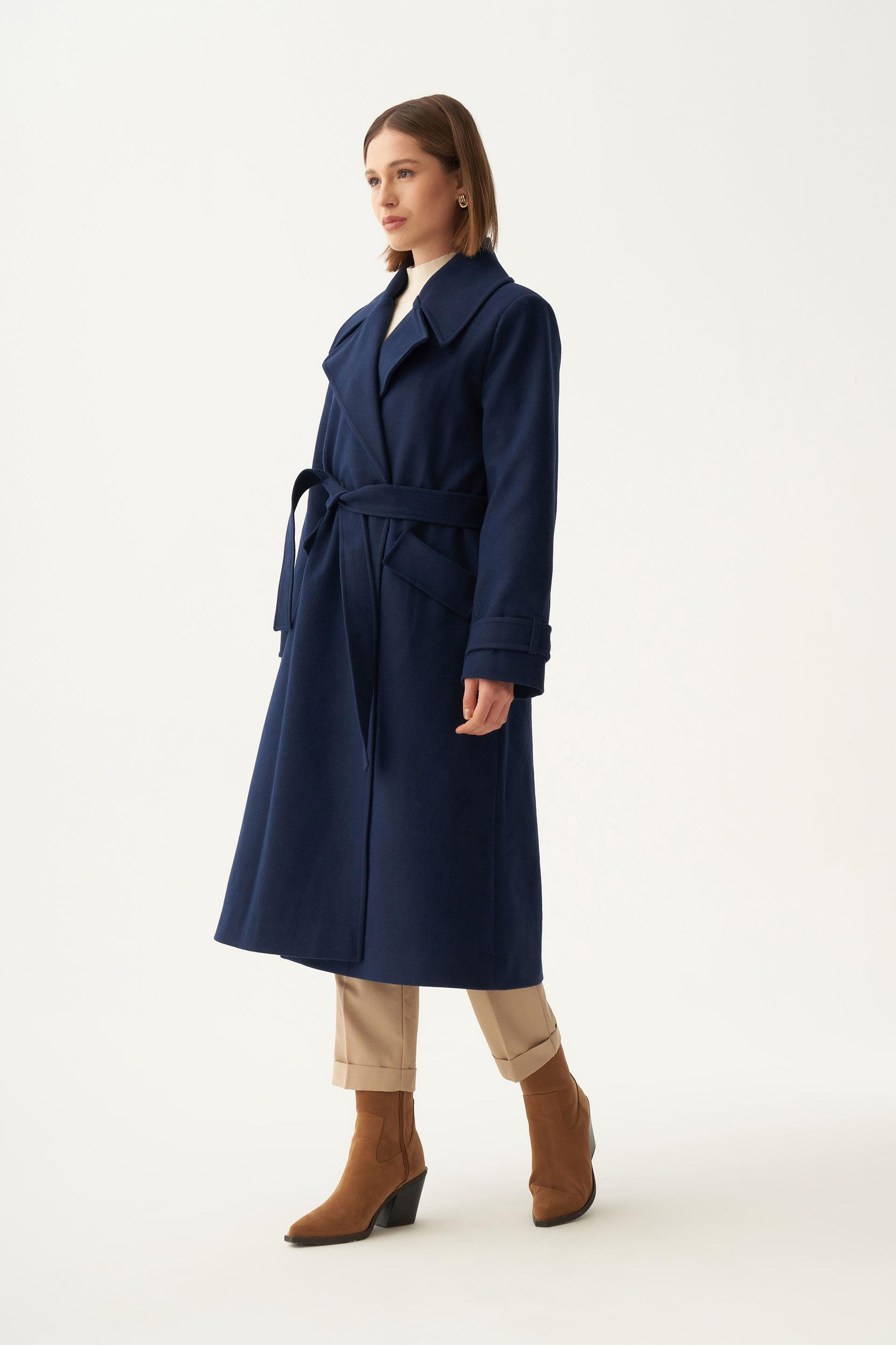 Lacivert-Kruvaze Düğmeli Uzun Kaban