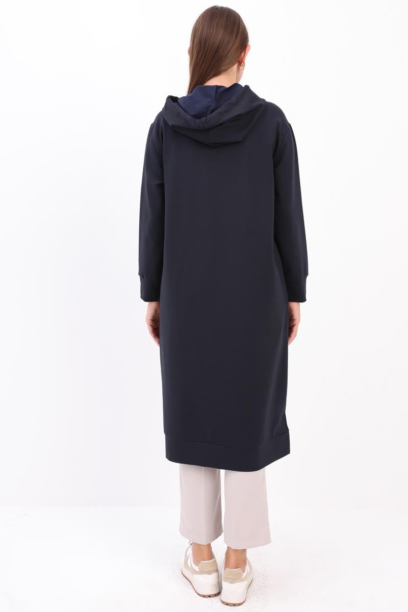 Lacivert-Leopar Bağcıklı Kapüşonlu Rahat Tunik