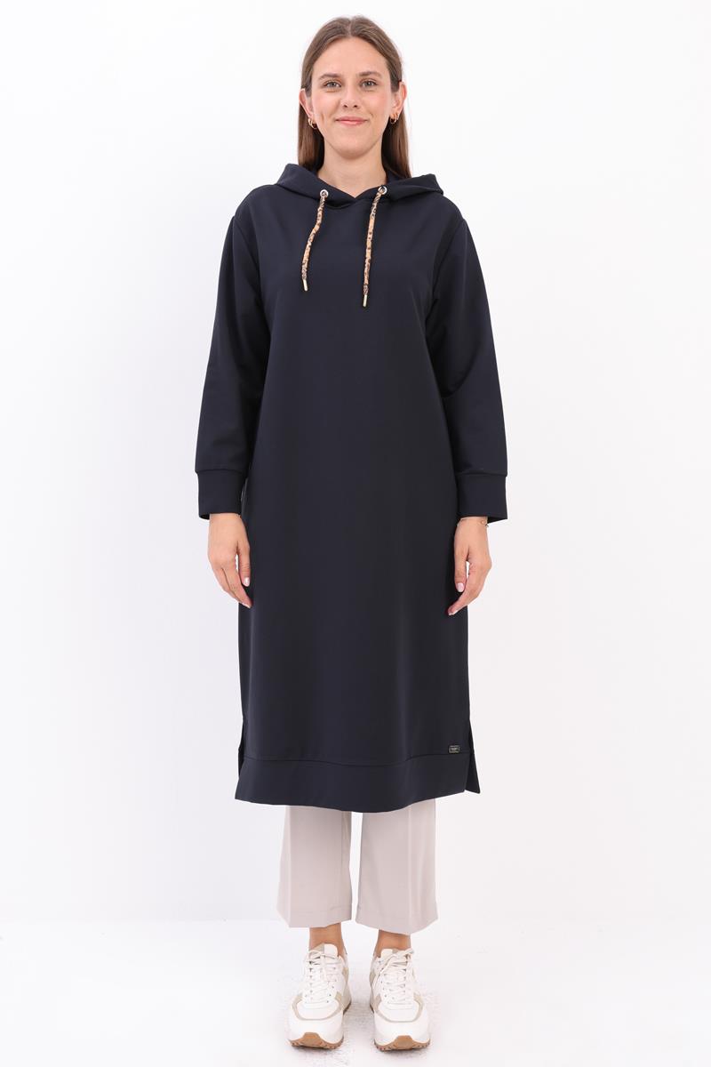 Lacivert-Leopar Bağcıklı Kapüşonlu Rahat Tunik