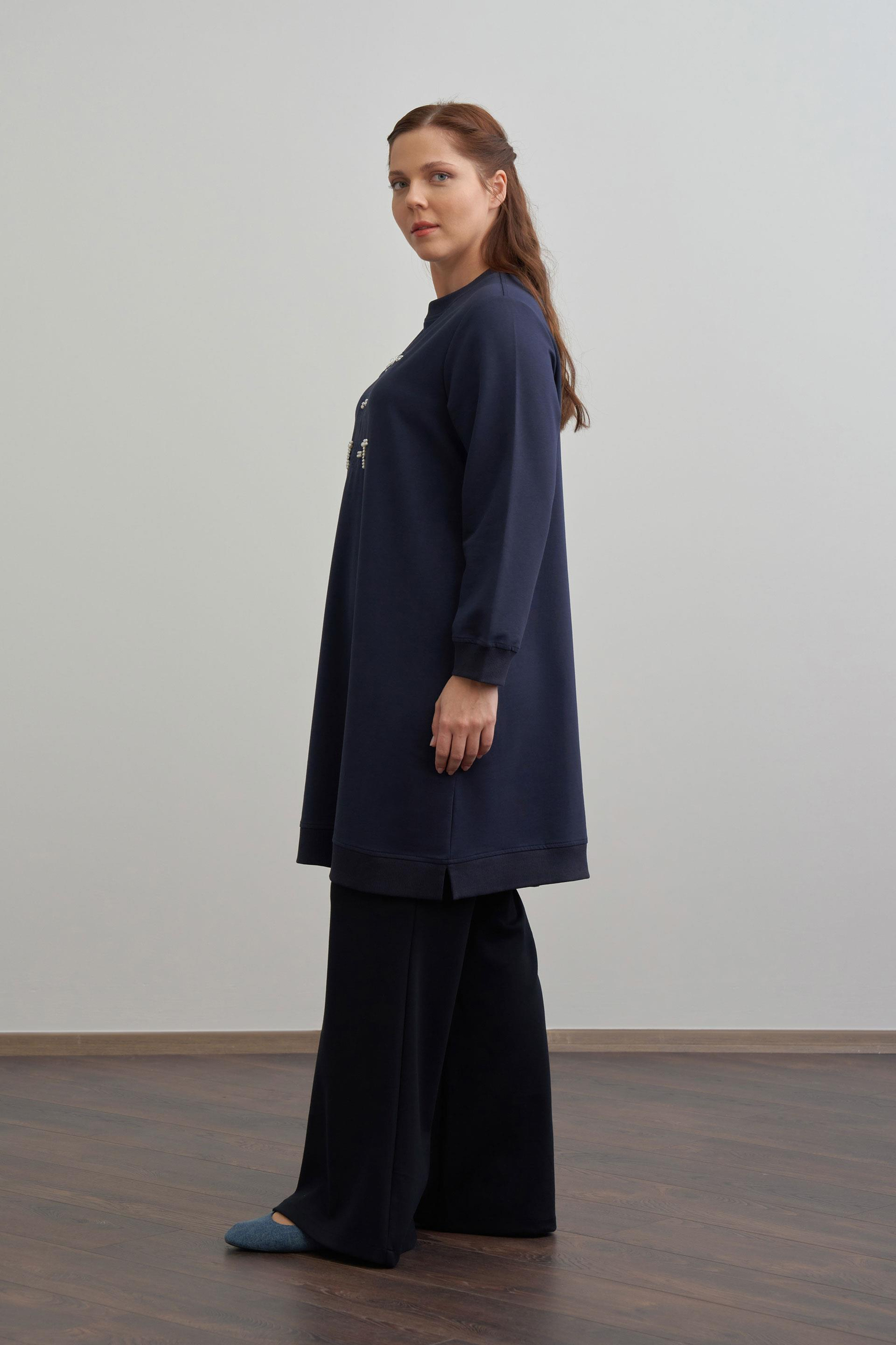 Lacivert-Nakışlı Pamuklu Tunik