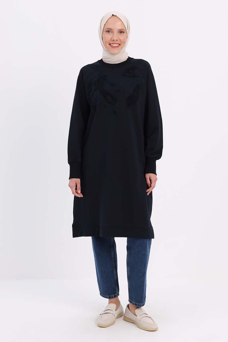 Lacivert-NAKIŞLI PİLİKAŞELİ SWEAT TUNİK