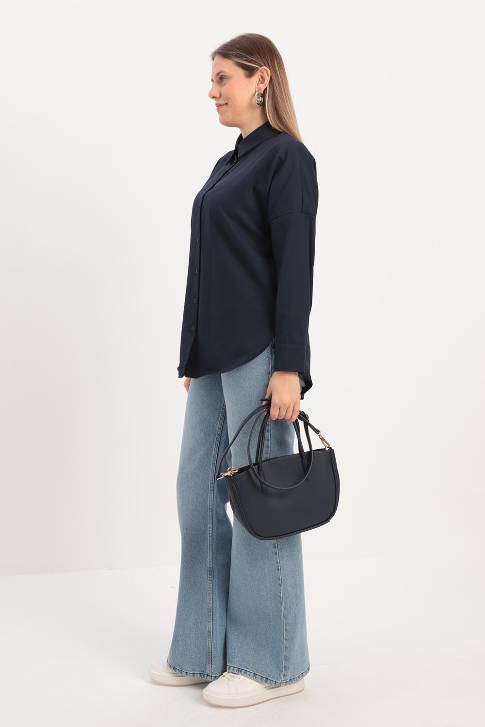 Lacivert-Oversize Basic Gömlek