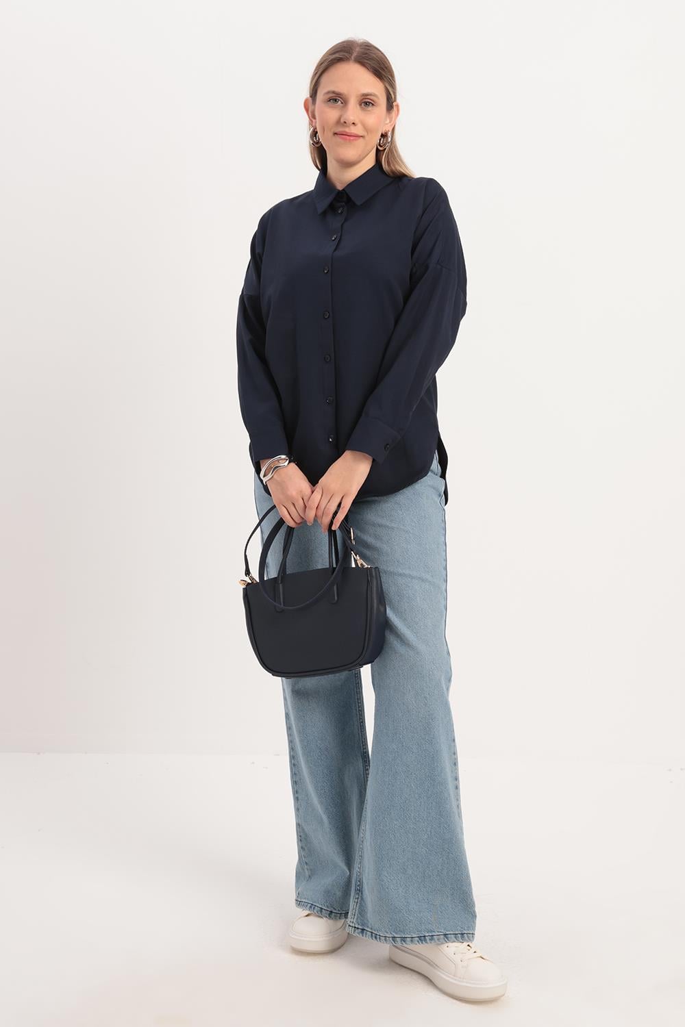 Lacivert-Oversize Basic Gömlek