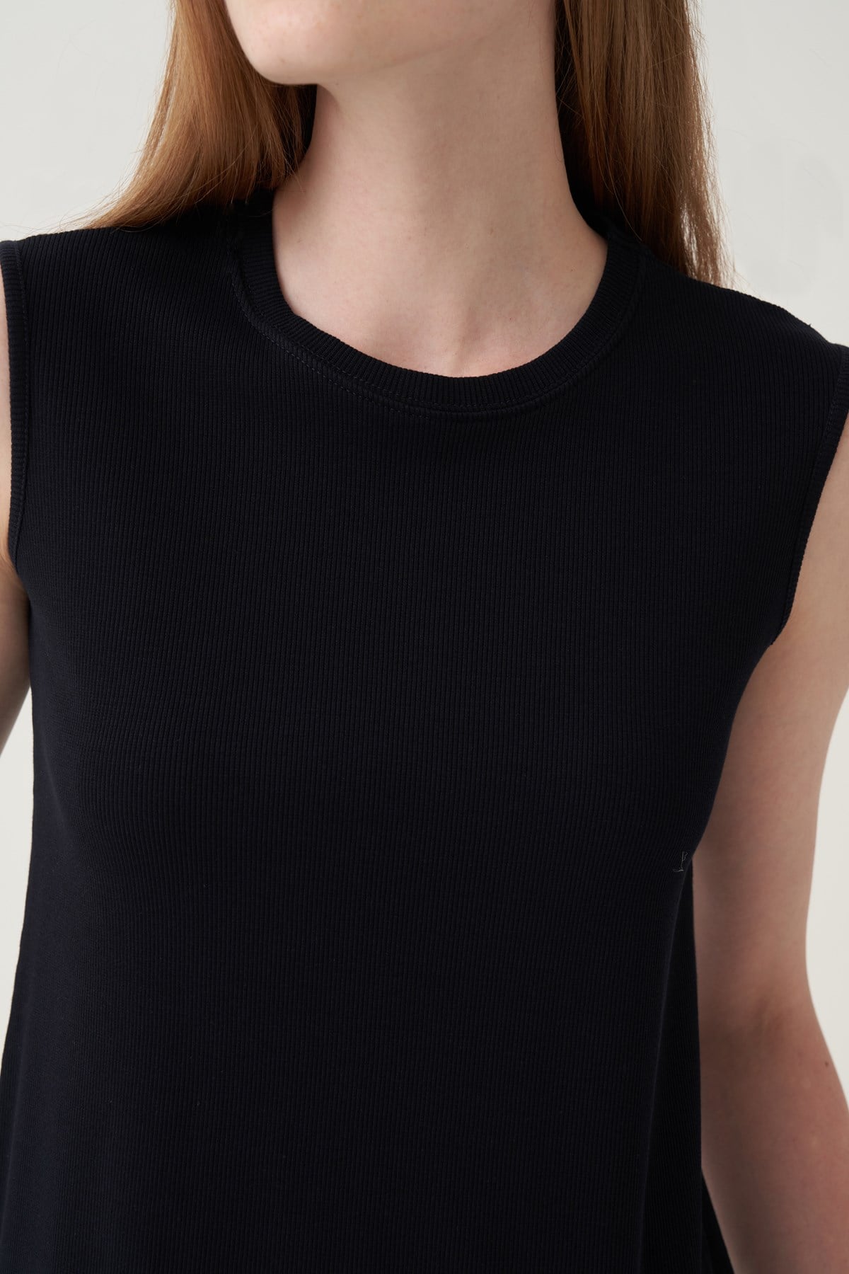 Lacivert-Pamuklu Fitilli Kolsuz Likralı T-Shirt