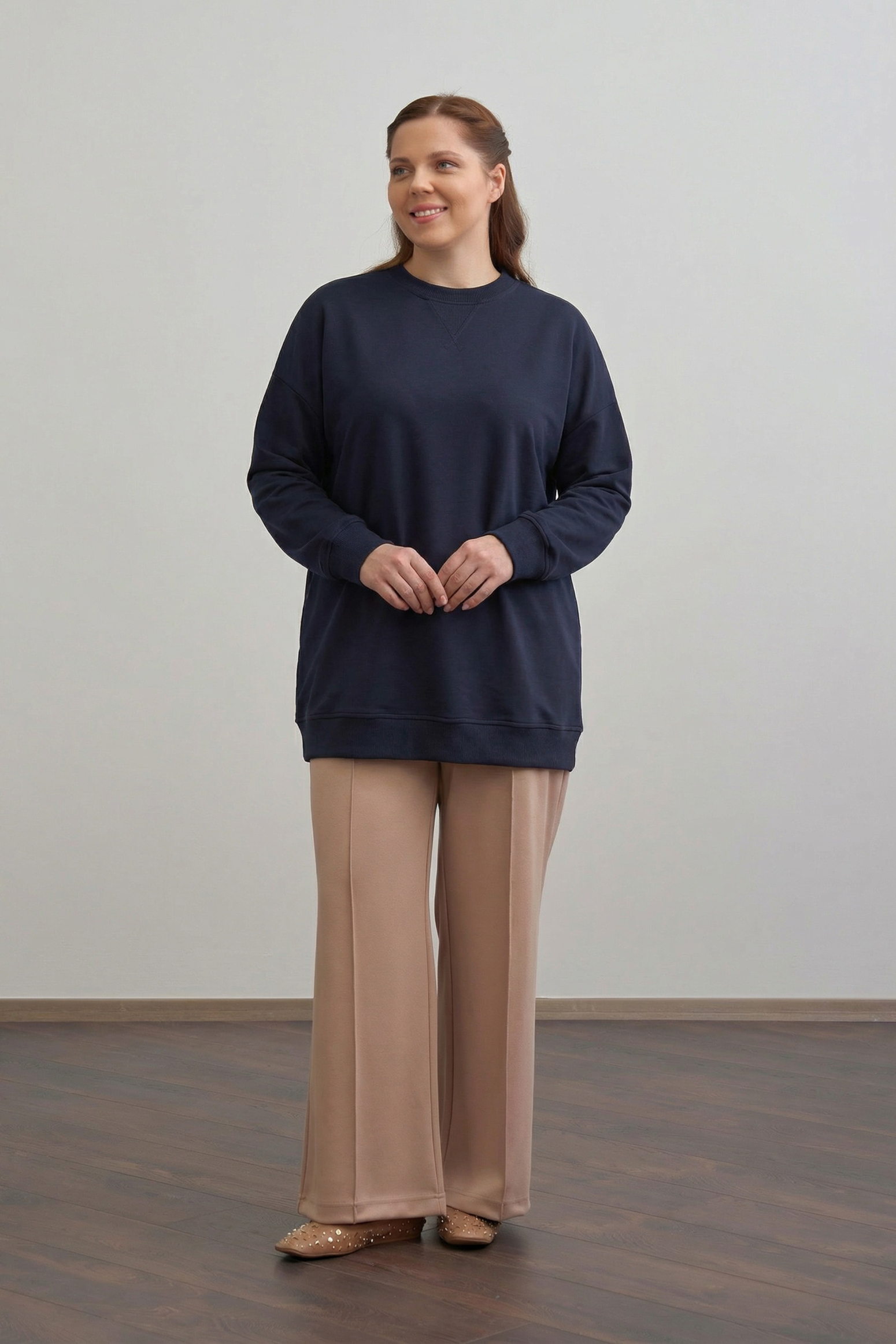 Lacivert-Pamuklu Kaşkorse Detaylı Büyük Beden Sweatshirt
