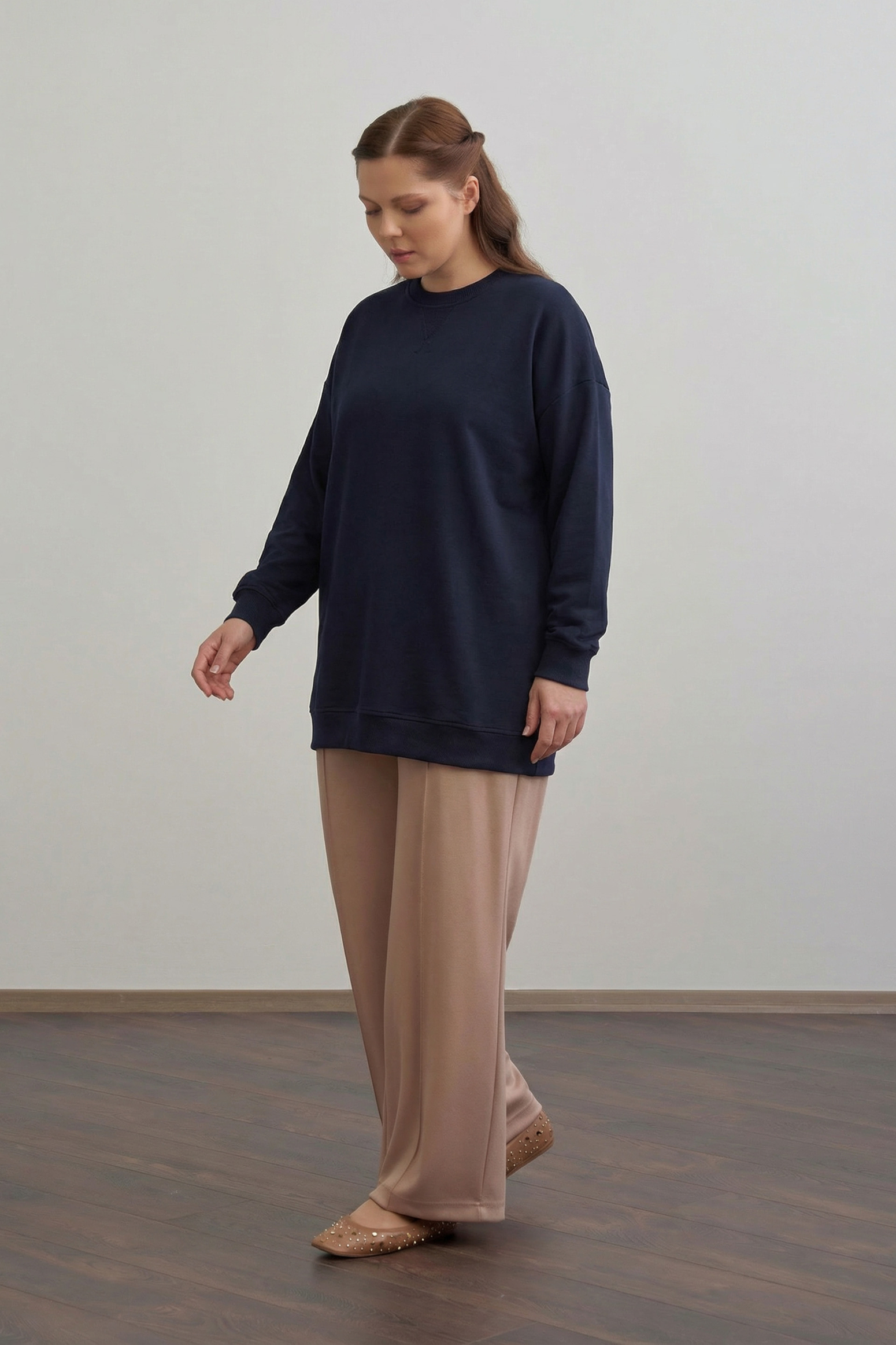 Lacivert-Pamuklu Kaşkorse Detaylı Büyük Beden Sweatshirt