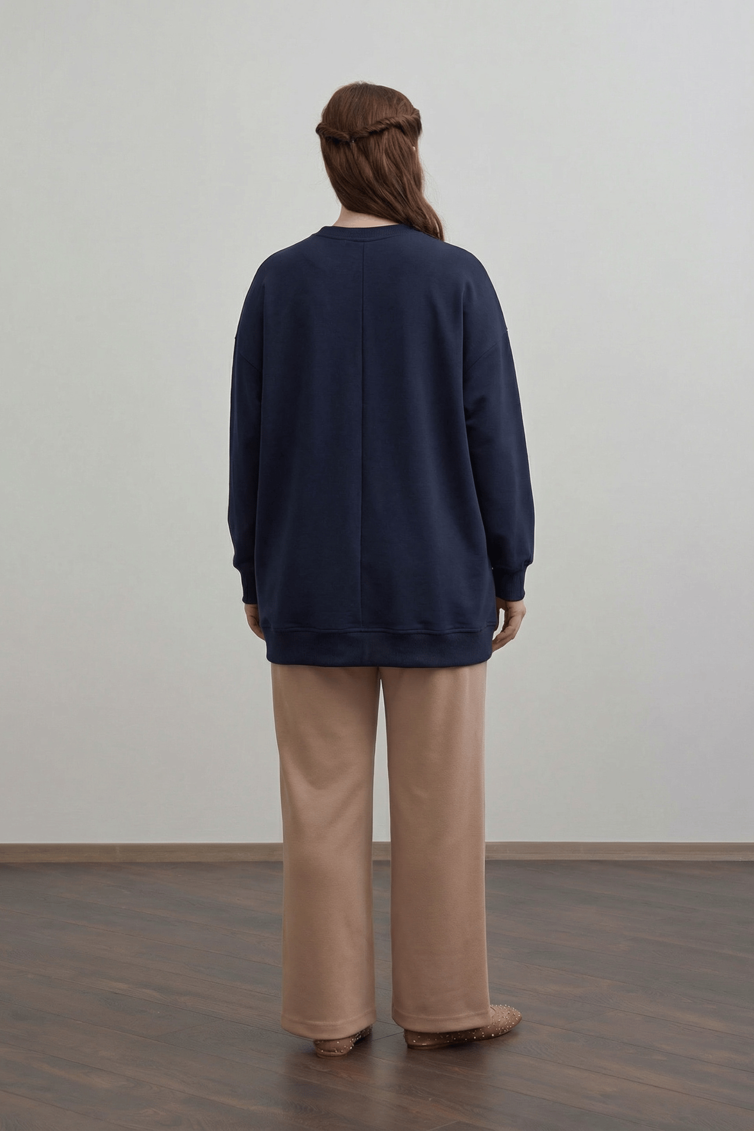 Lacivert-Pamuklu Kaşkorse Detaylı Büyük Beden Sweatshirt