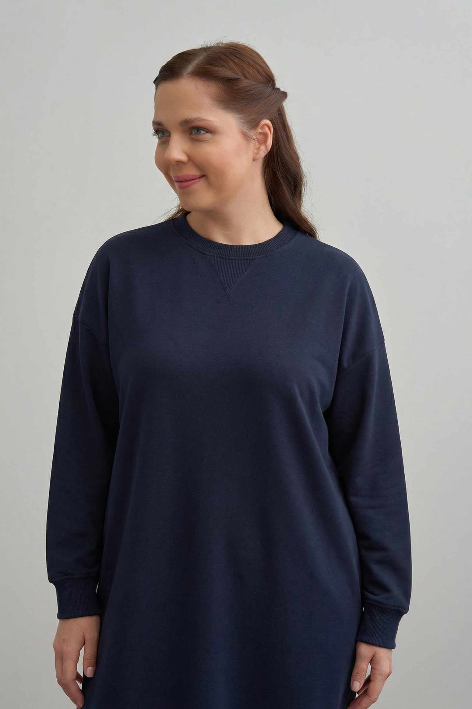 Lacivert-Pamuklu Kaşkorse Detaylı Büyük Beden Sweatshirt
