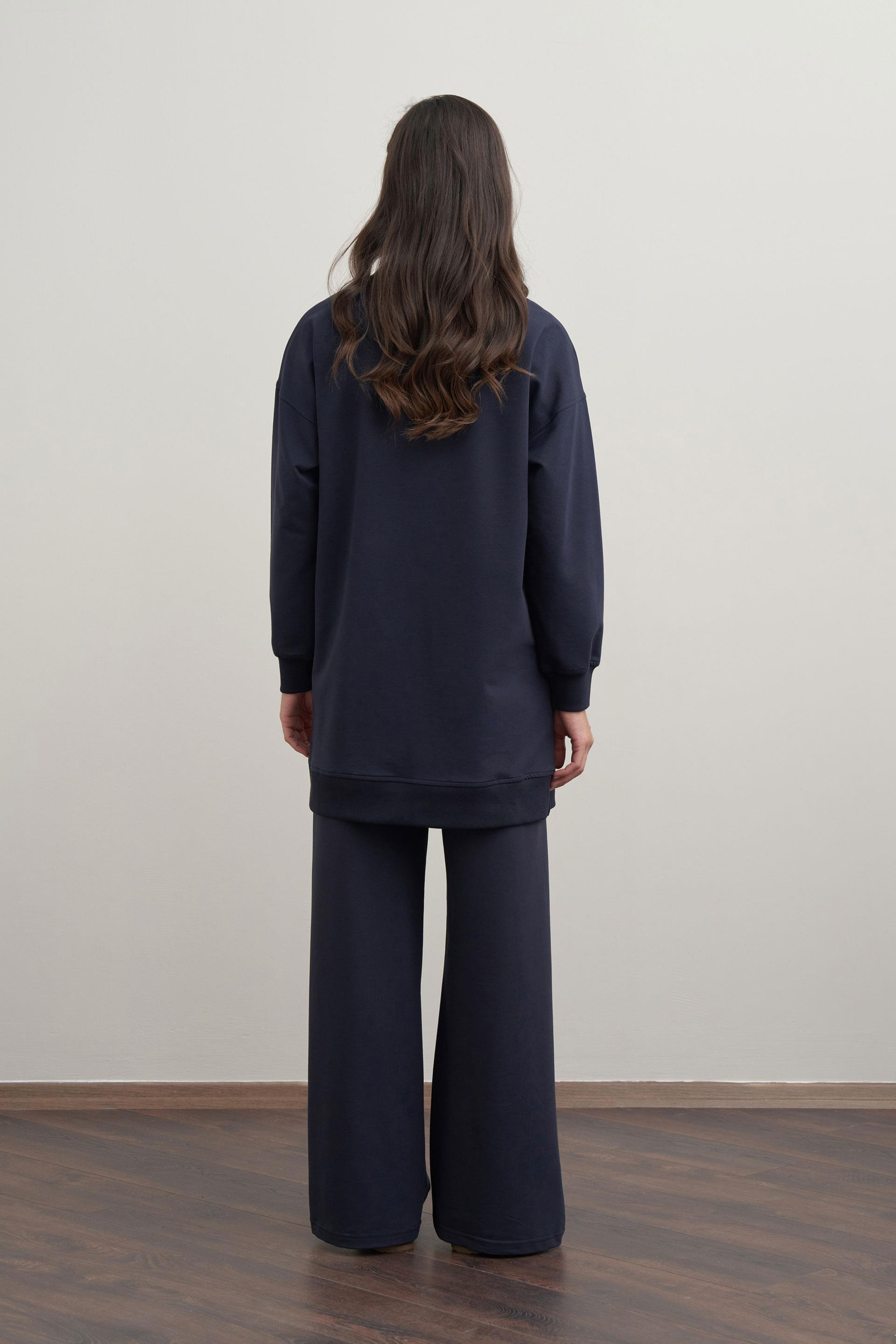 Lacivert-Pamuklu Kaşkorse Detaylı Sweatshirt