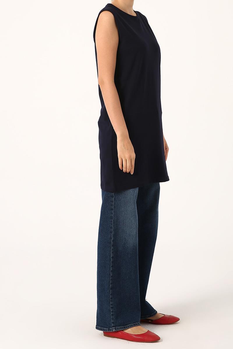 Tunique sans manches à passepoil et col en coton bleu marine