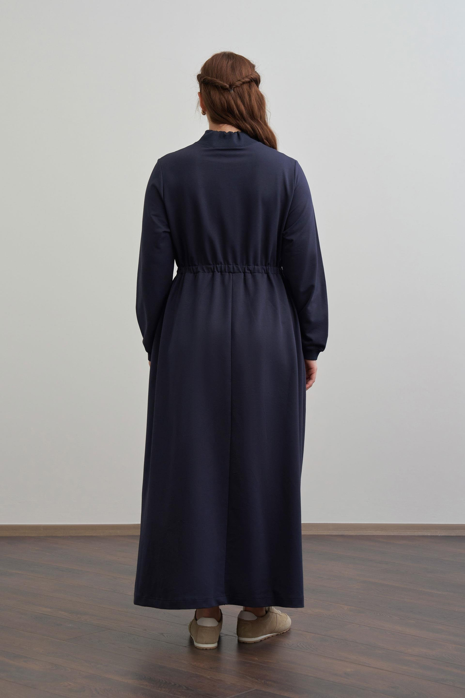 Lacivert-Pamuklu Yarım Patlı Elbise