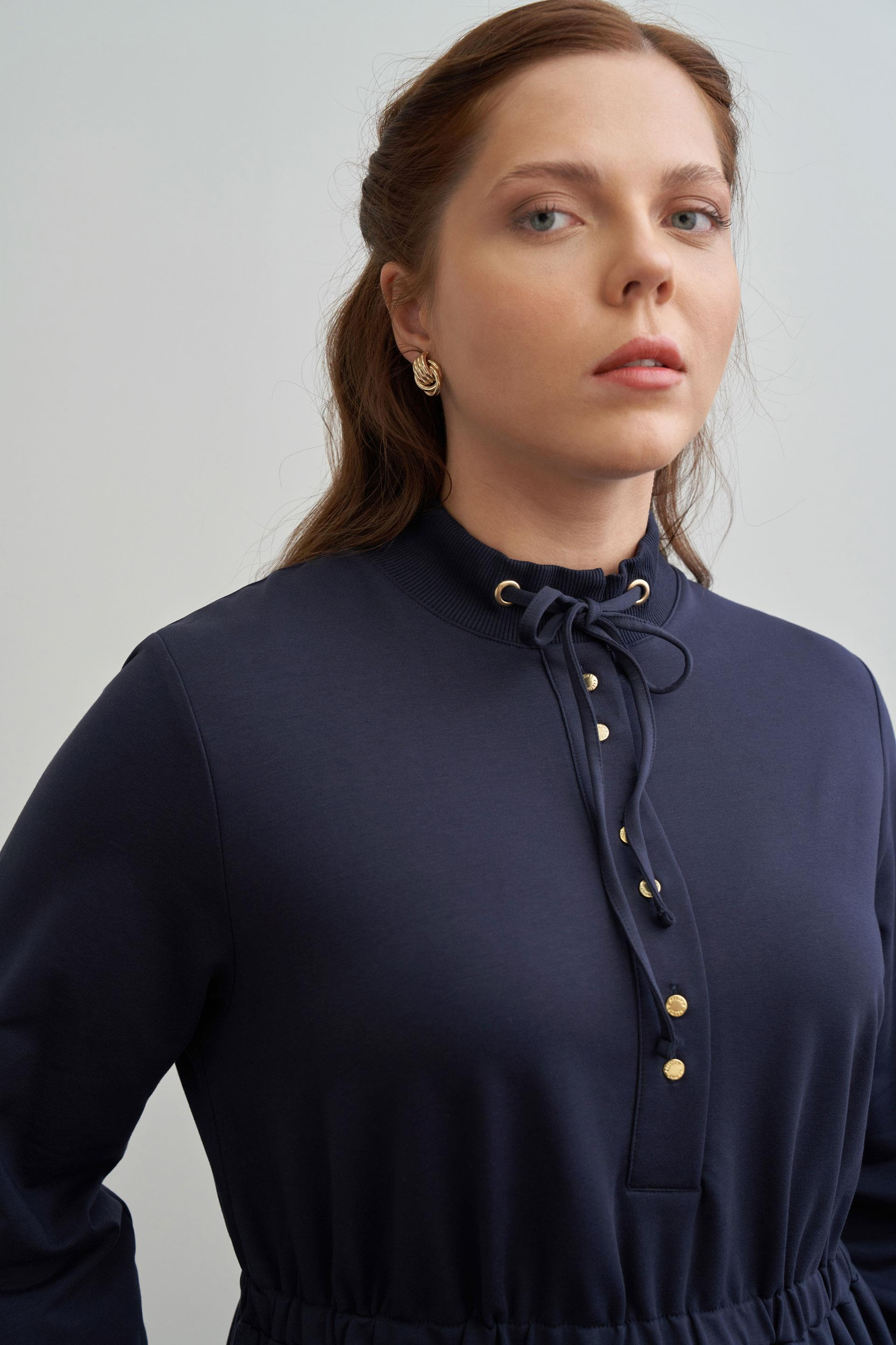 Lacivert-Pamuklu Yarım Patlı Elbise