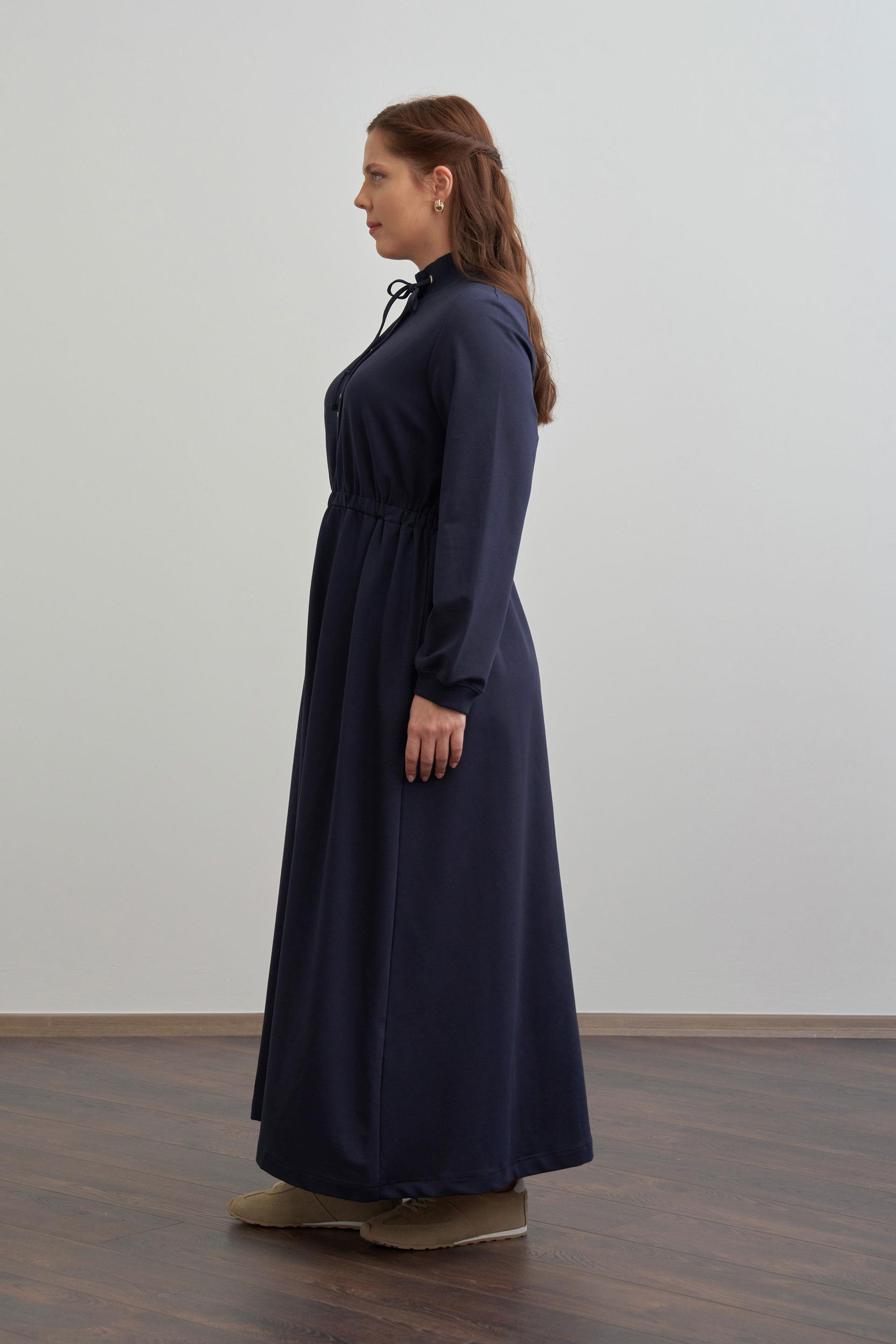 Lacivert-Pamuklu Yarım Patlı Elbise