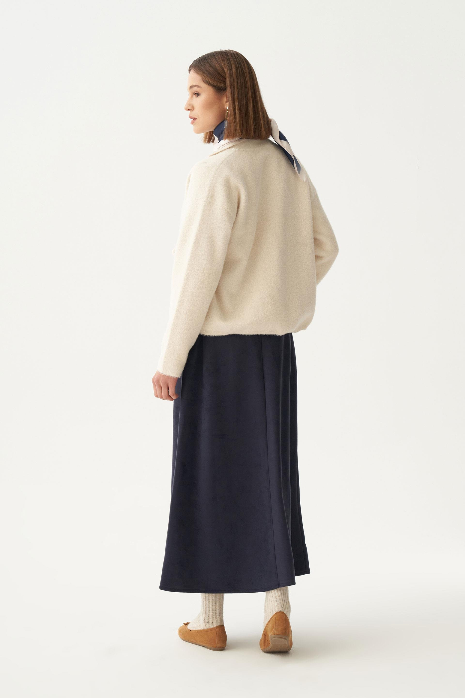 Lacivert-Pili Detaylı Scuba Süet Etek