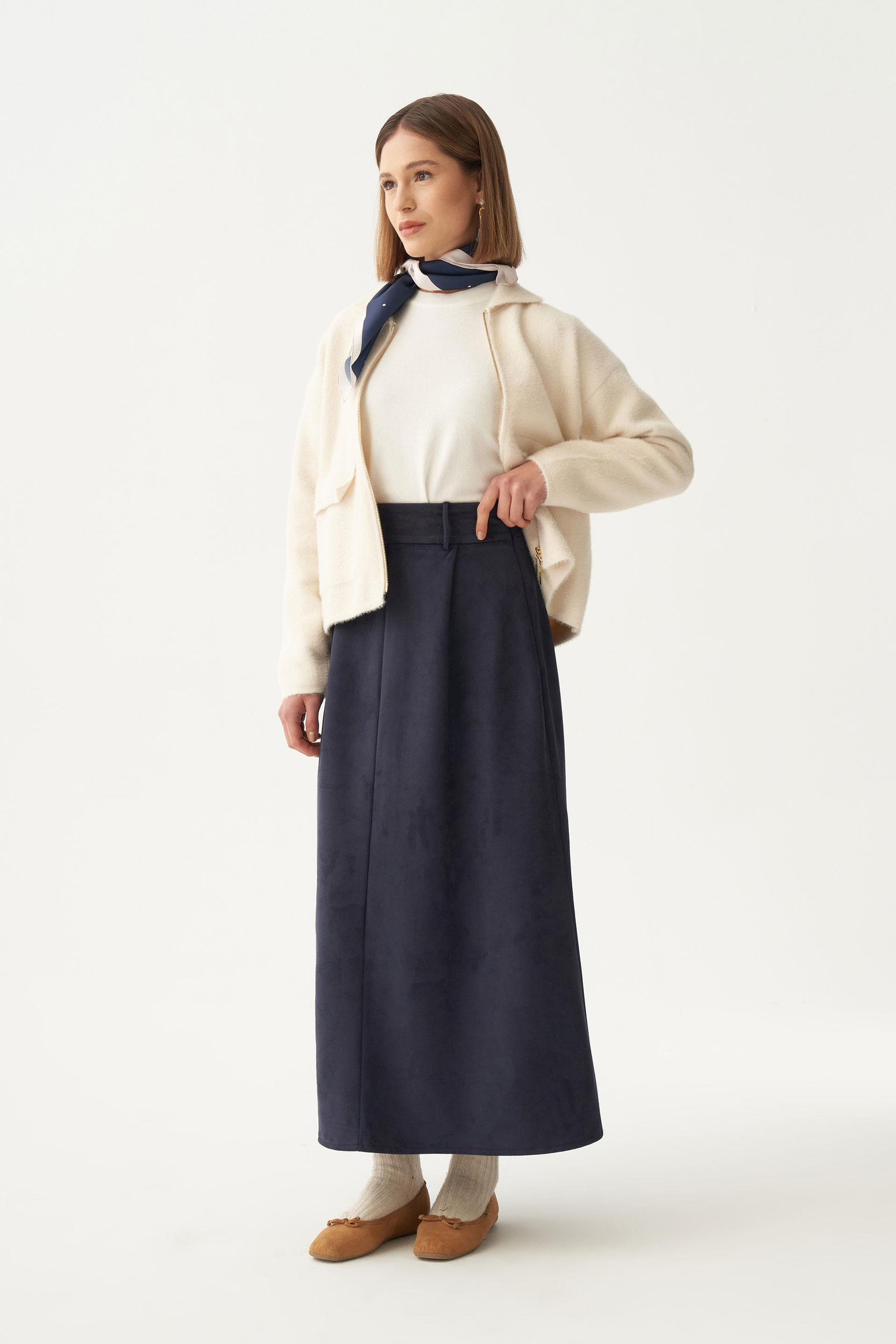 Lacivert-Pili Detaylı Scuba Süet Etek