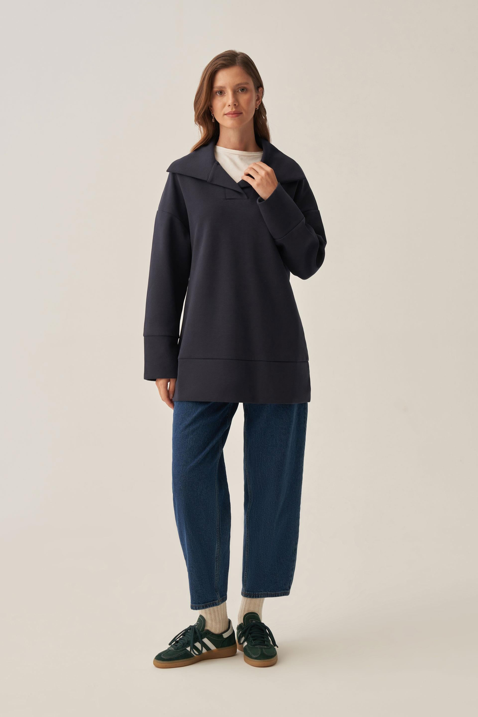 Lacivert-Polo Yaka İnterlok Sweatshirt