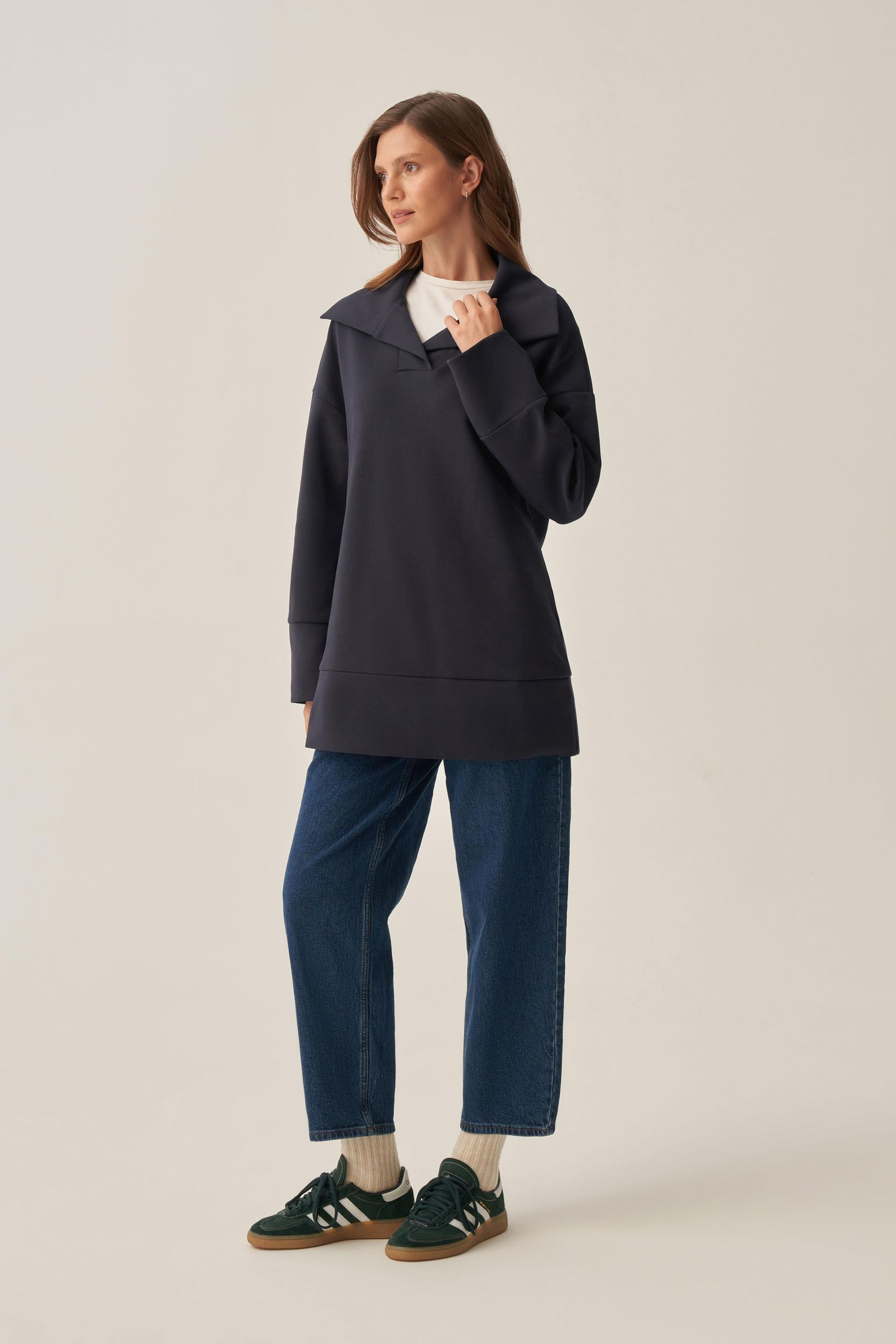 Lacivert-Polo Yaka İnterlok Sweatshirt