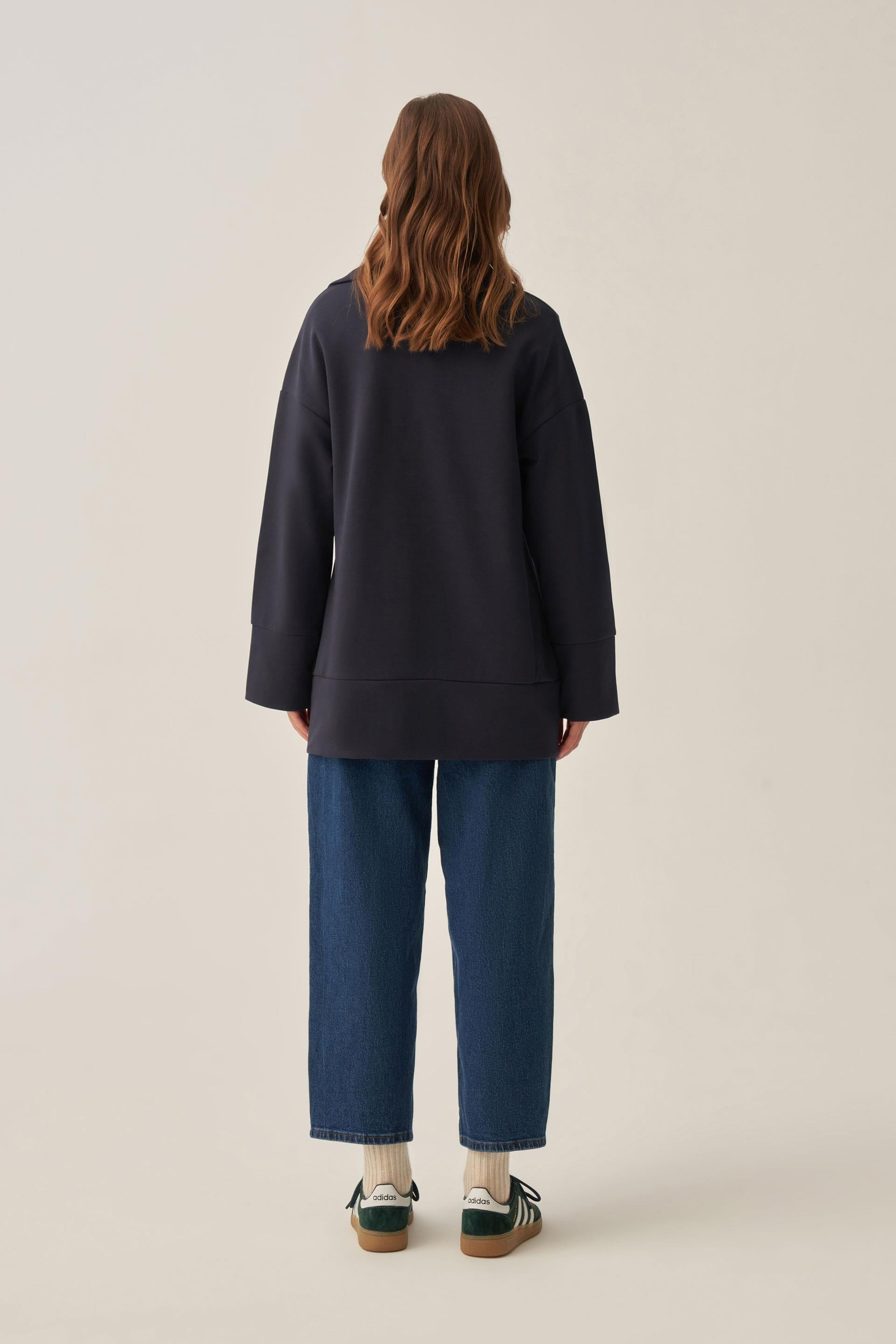 Lacivert-Polo Yaka İnterlok Sweatshirt