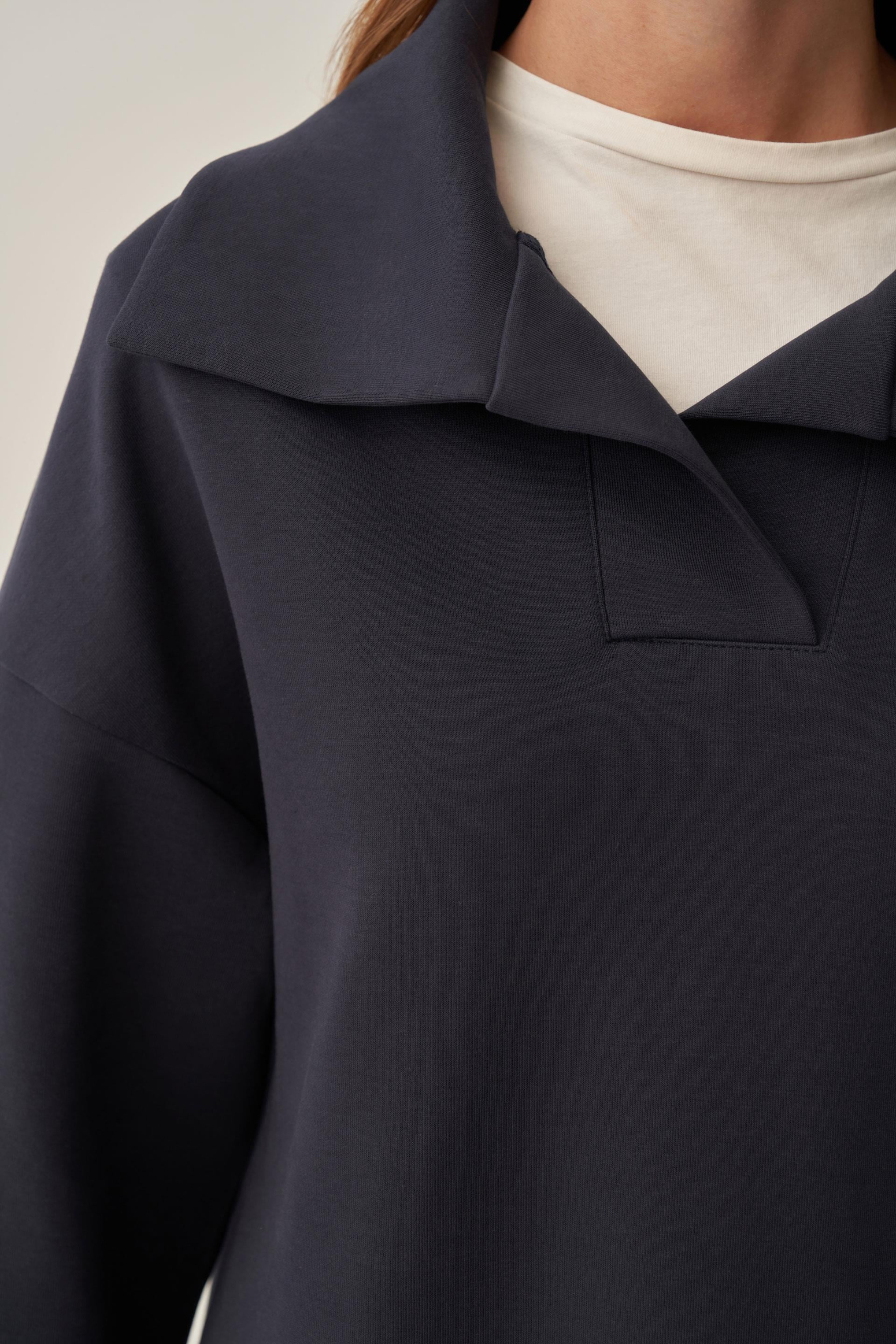 Lacivert-Polo Yaka İnterlok Sweatshirt