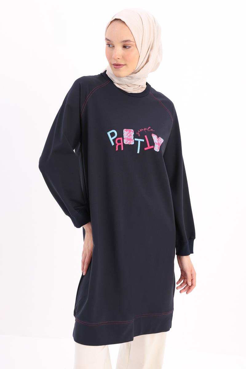 Lacivert-Pretty Nakışlı Reglan Kol Sweat Tunik