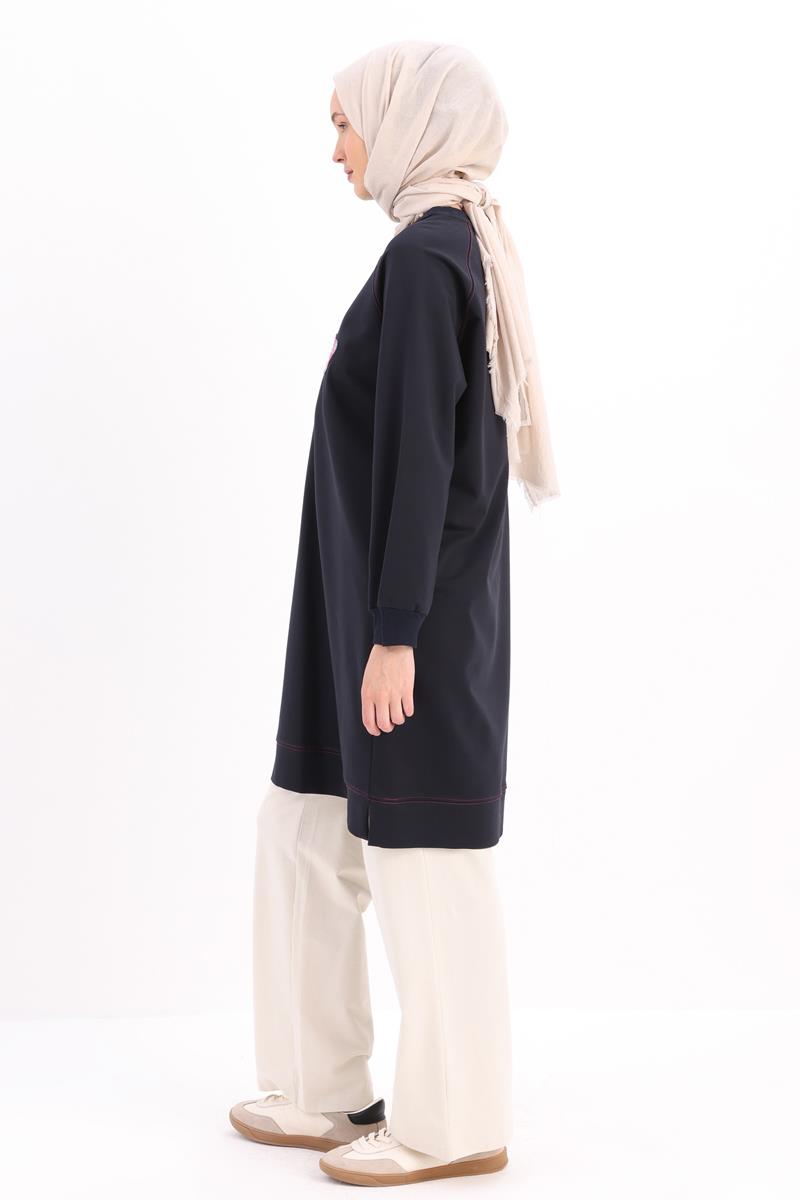 Lacivert-Pretty Nakışlı Reglan Kol Sweat Tunik