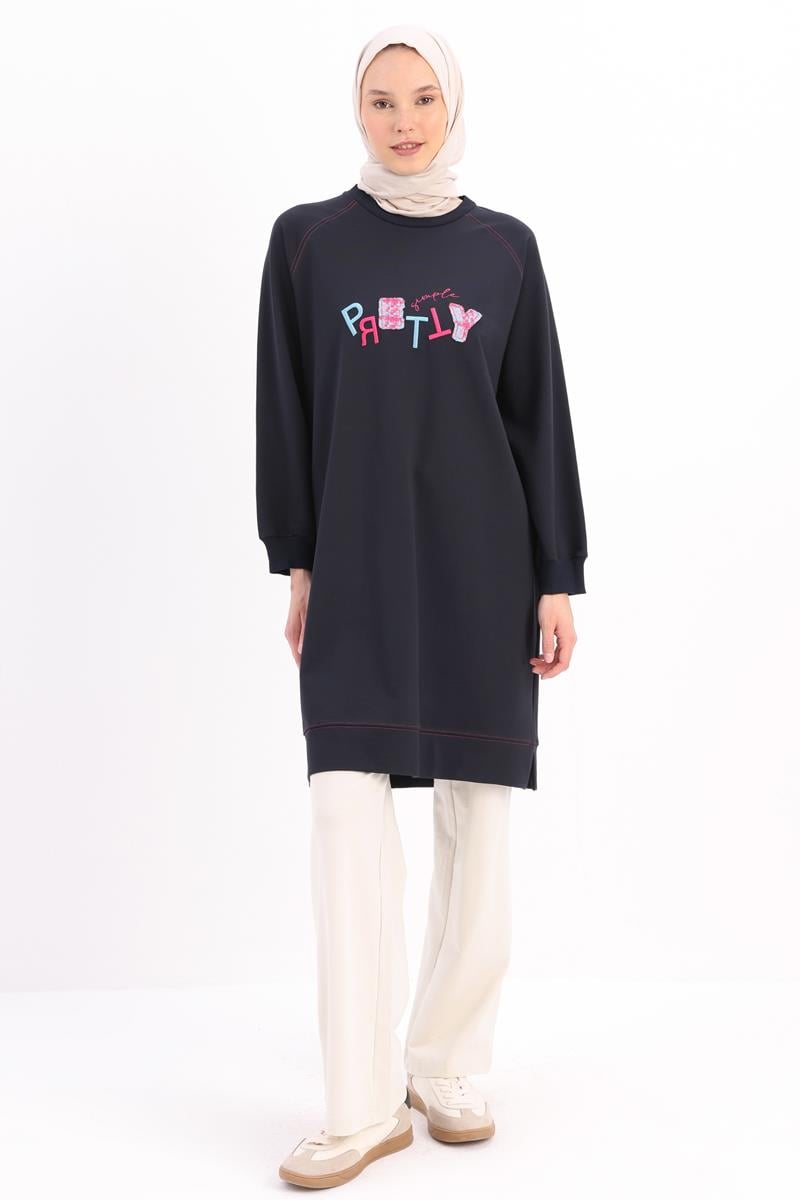 Lacivert-Pretty Nakışlı Reglan Kol Sweat Tunik