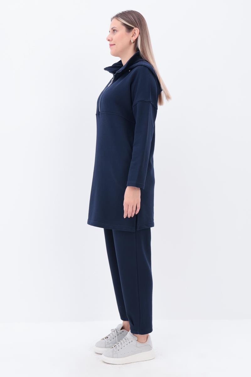 Lacivert-Robalı Kapüşonlu Pantolonlu Takım