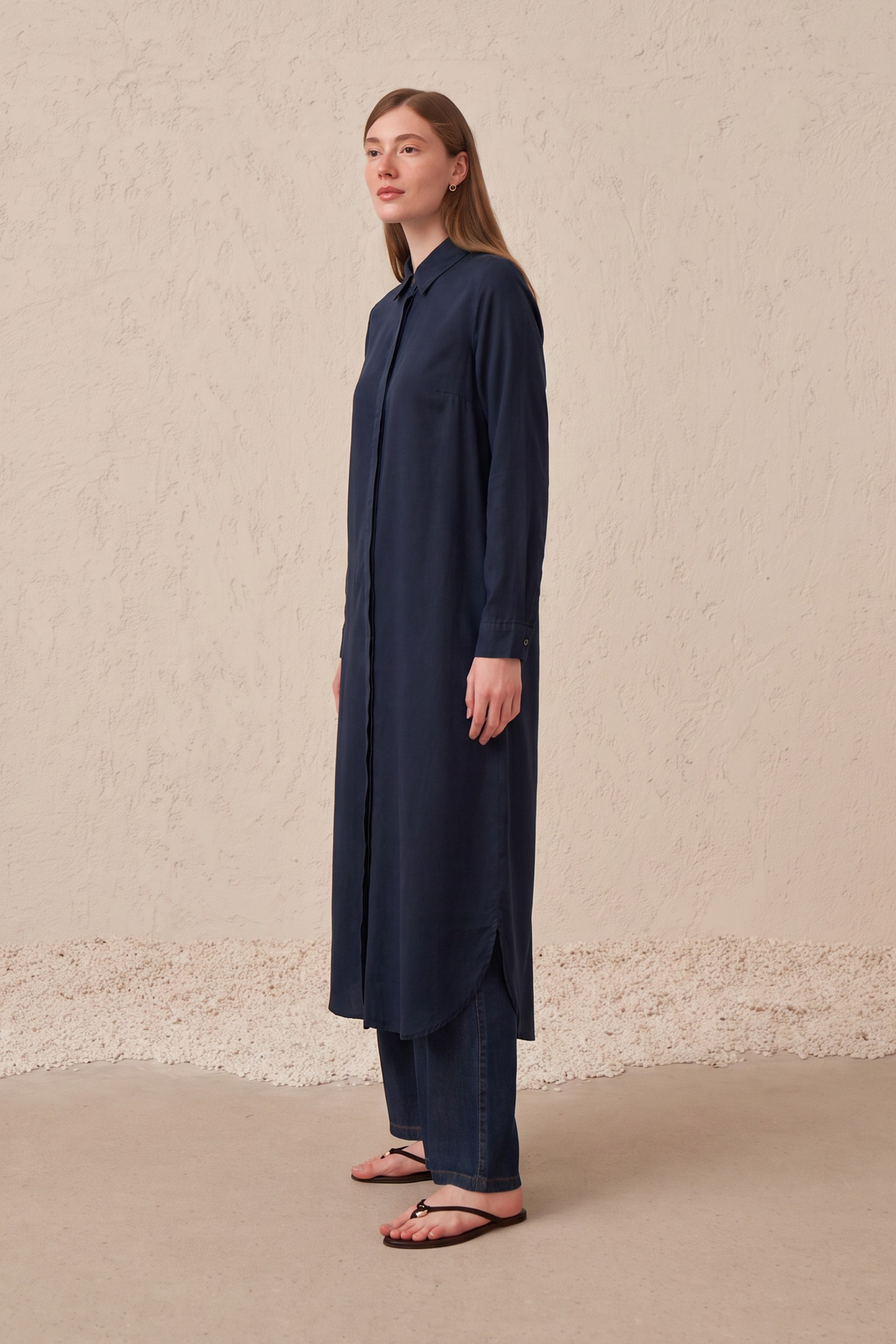 Lacivert-Tensel Denim Gömlek Tunik