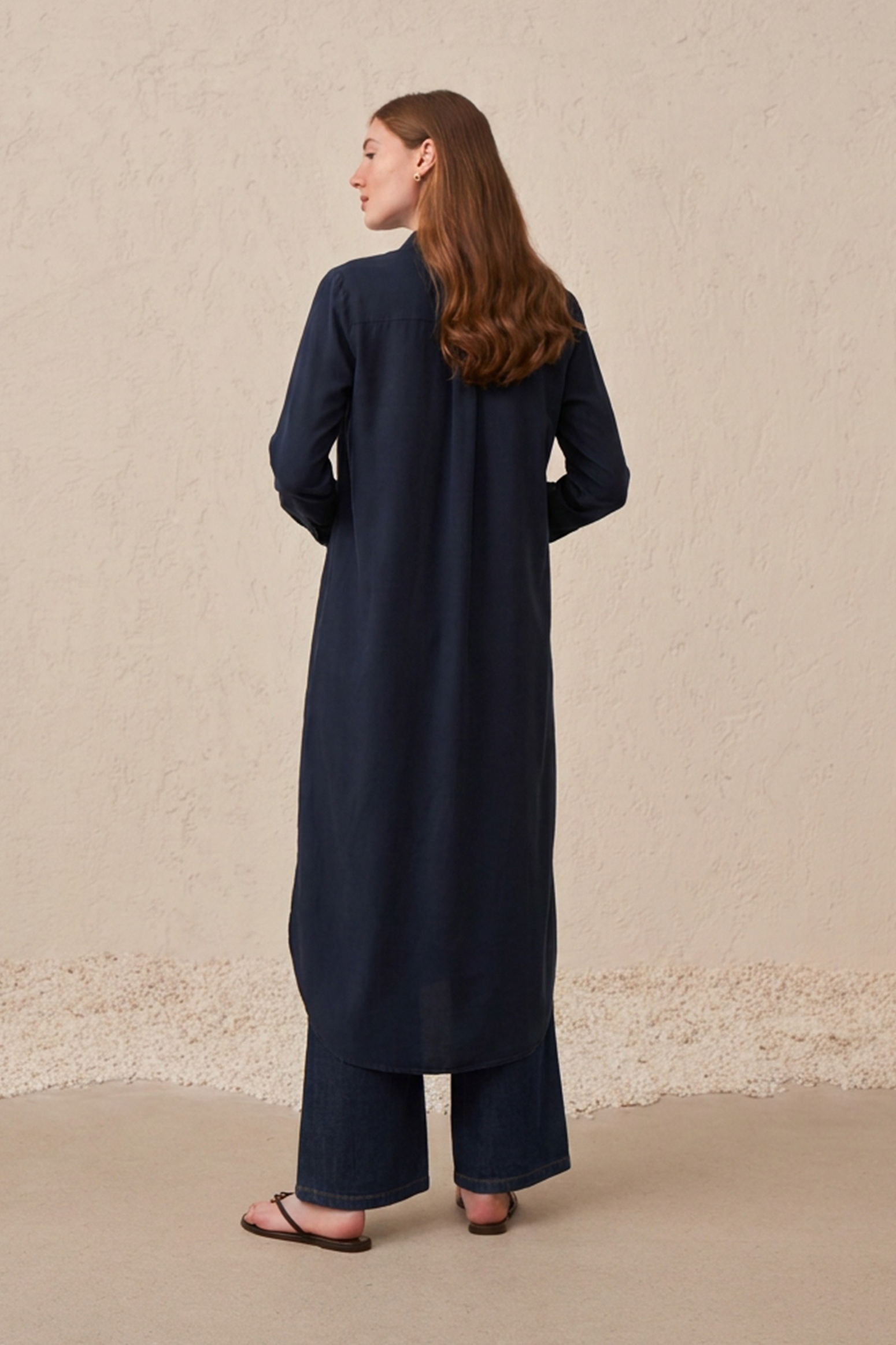 Lacivert-Tensel Denim Gömlek Tunik