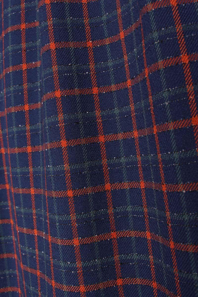 Navy Blue-Orange-Pleated Plaid Patterned Palazzo Trousers
