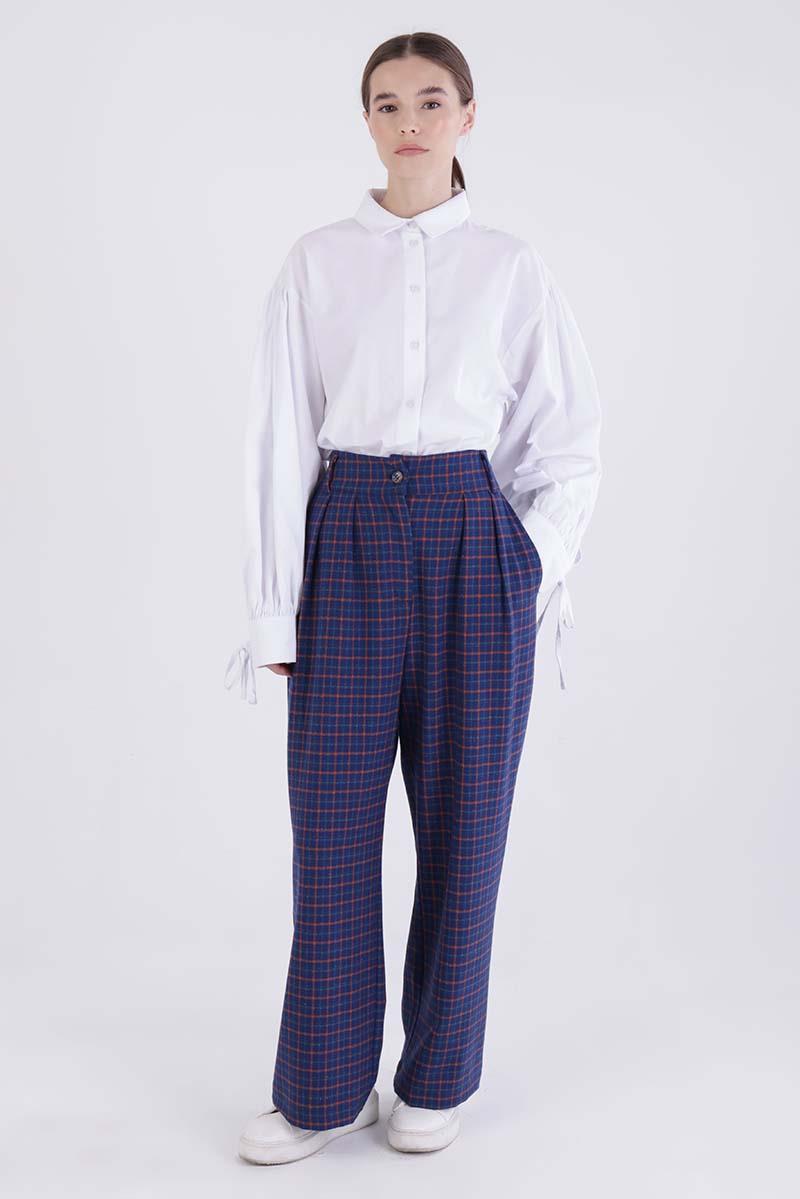 Navy Blue-Orange-Pleated Plaid Patterned Palazzo Trousers
