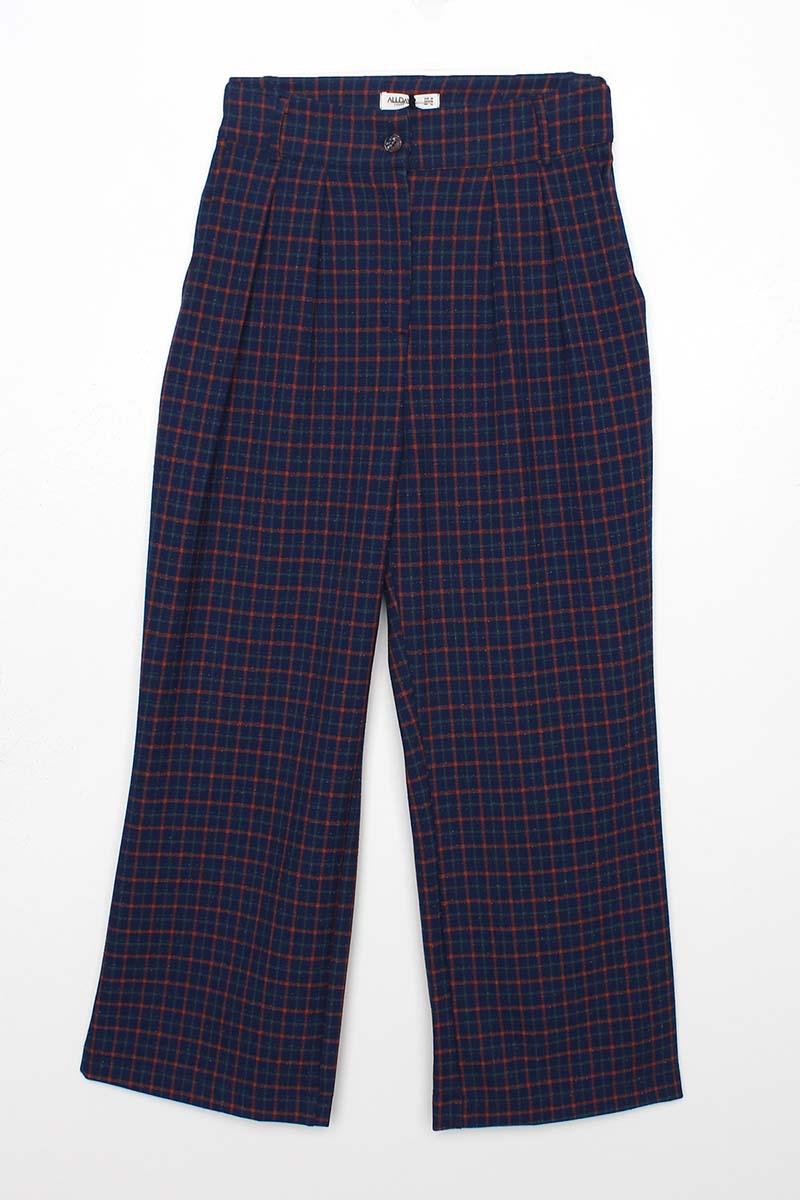 Navy Blue-Orange-Pleated Plaid Patterned Palazzo Trousers
