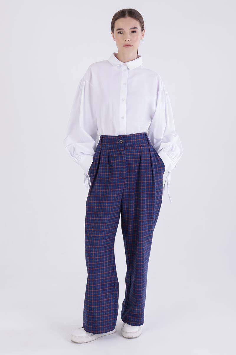 Navy Blue-Orange-Pleated Plaid Patterned Palazzo Trousers